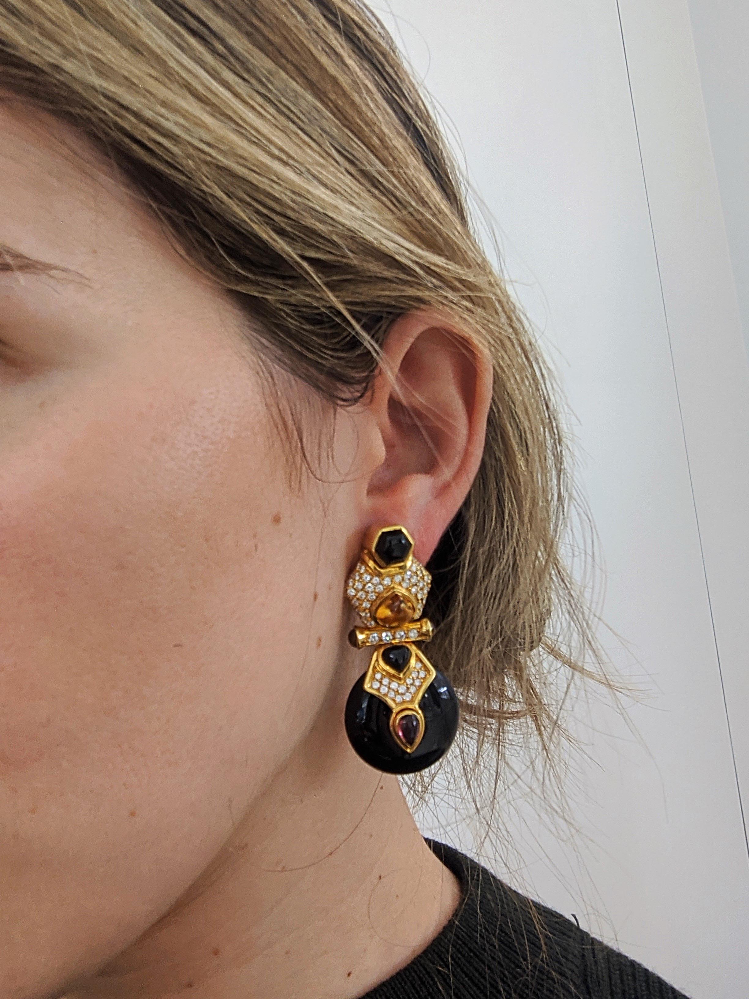 18 Karat Yellow Gold Diamond, Citrine, Pink Tourmaline and Onyx Hanging Earrings In New Condition For Sale In New York, NY
