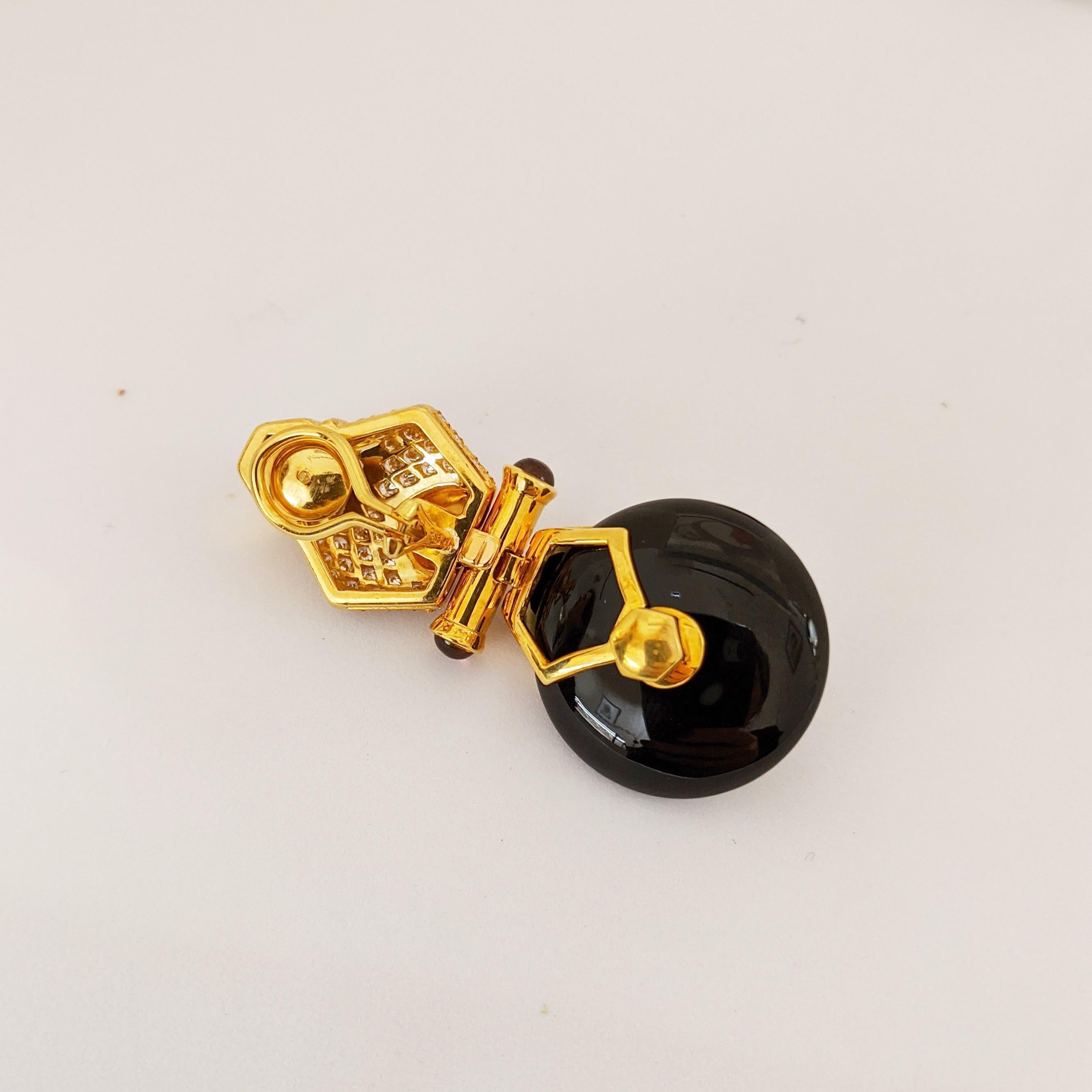 Women's or Men's 18 Karat Yellow Gold Diamond, Citrine, Pink Tourmaline and Onyx Hanging Earrings For Sale