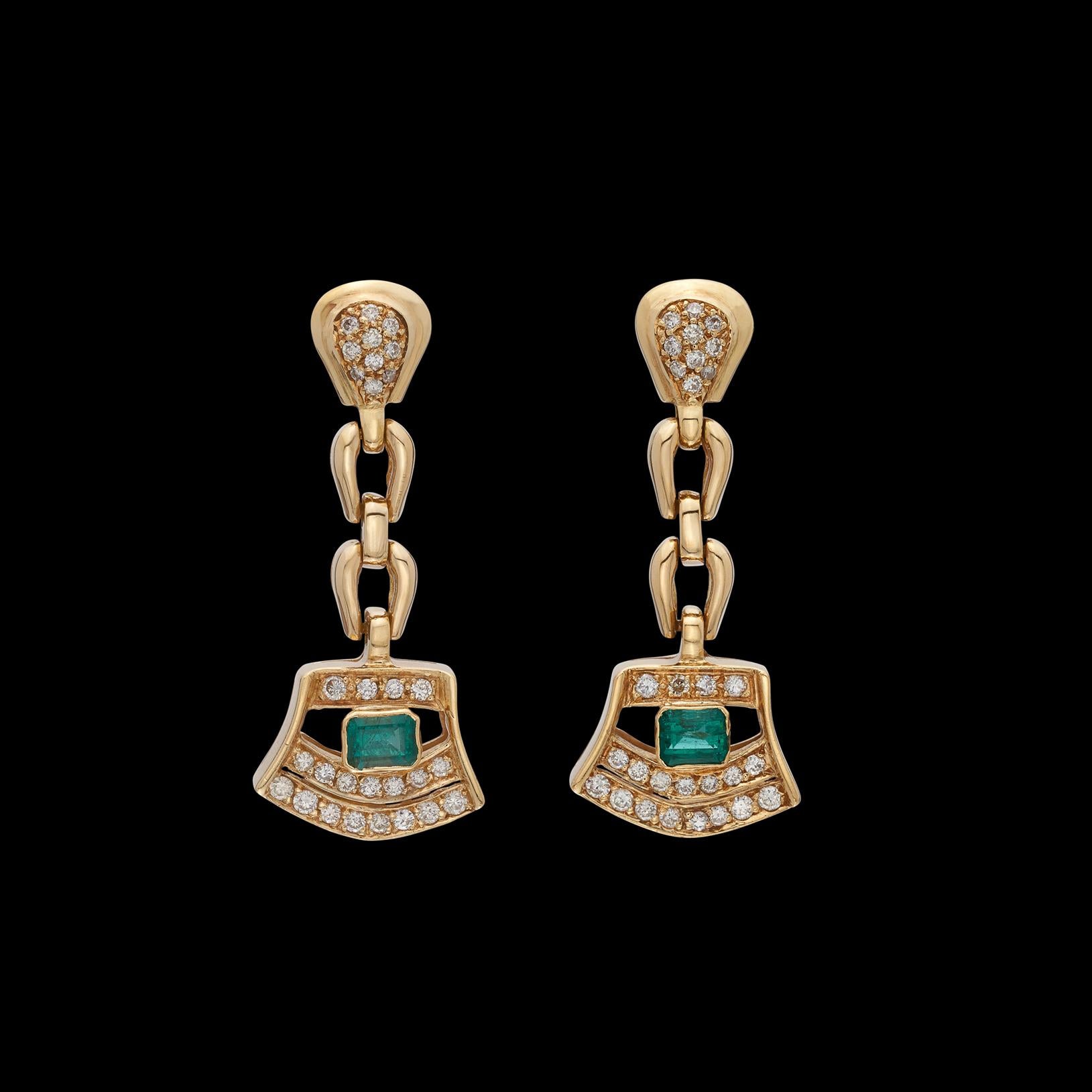 Emerald Cut 18kt Yellow Gold Diamond & Emerald Drop Earrings For Sale