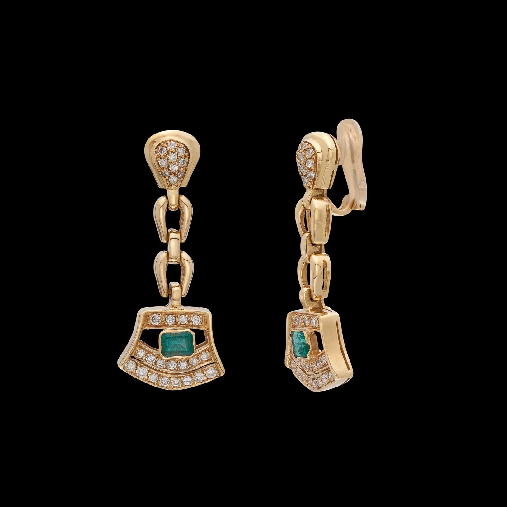 Women's 18kt Yellow Gold Diamond & Emerald Drop Earrings For Sale