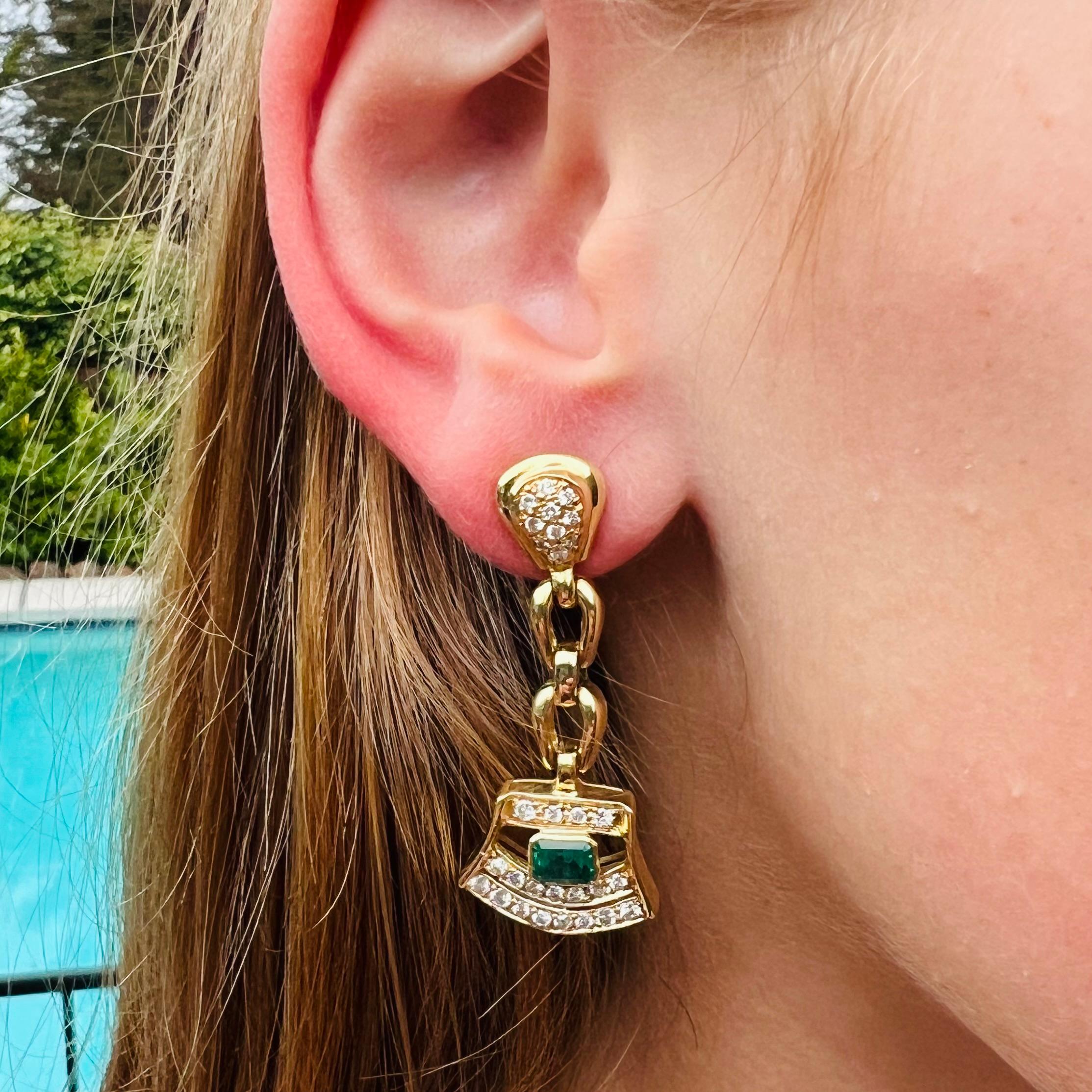 18kt Yellow Gold Diamond & Emerald Drop Earrings For Sale 1