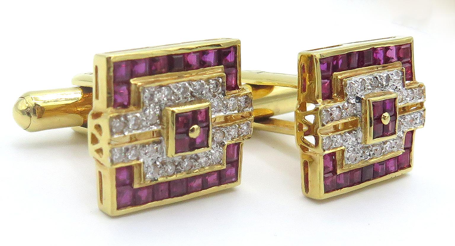 A, pair of beautiful yellow gold cuff link. Crafted, in 18kt yellow gold in a beautiful high polished finish these Art Deco style cufflinks include a beautiful craftsmanship and setting of diamonds and rubies creating a beautiful design. These,