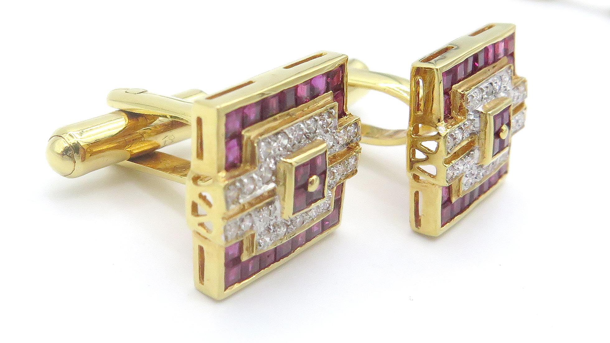 Round Cut 18 Karat Yellow Gold Diamond and Ruby Art Deco Style Cuff Links For Sale