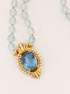 18 Karat Gold Diamonds and 43.50 Carat Blue Topaz Necklace with Aquamarine Beads