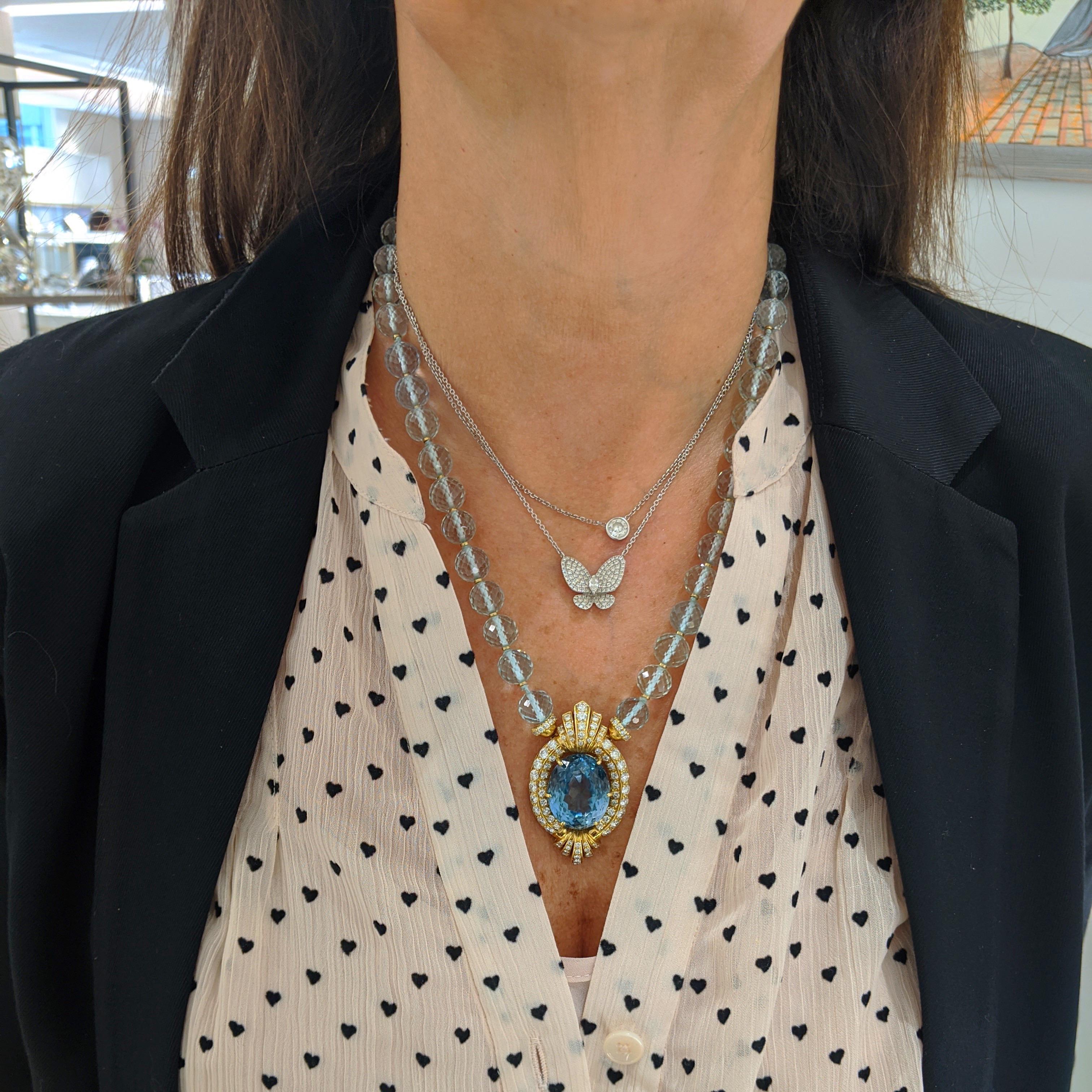 Retro 18 Karat Gold Diamonds and 43.50 Carat Blue Topaz Necklace with Aquamarine Beads For Sale