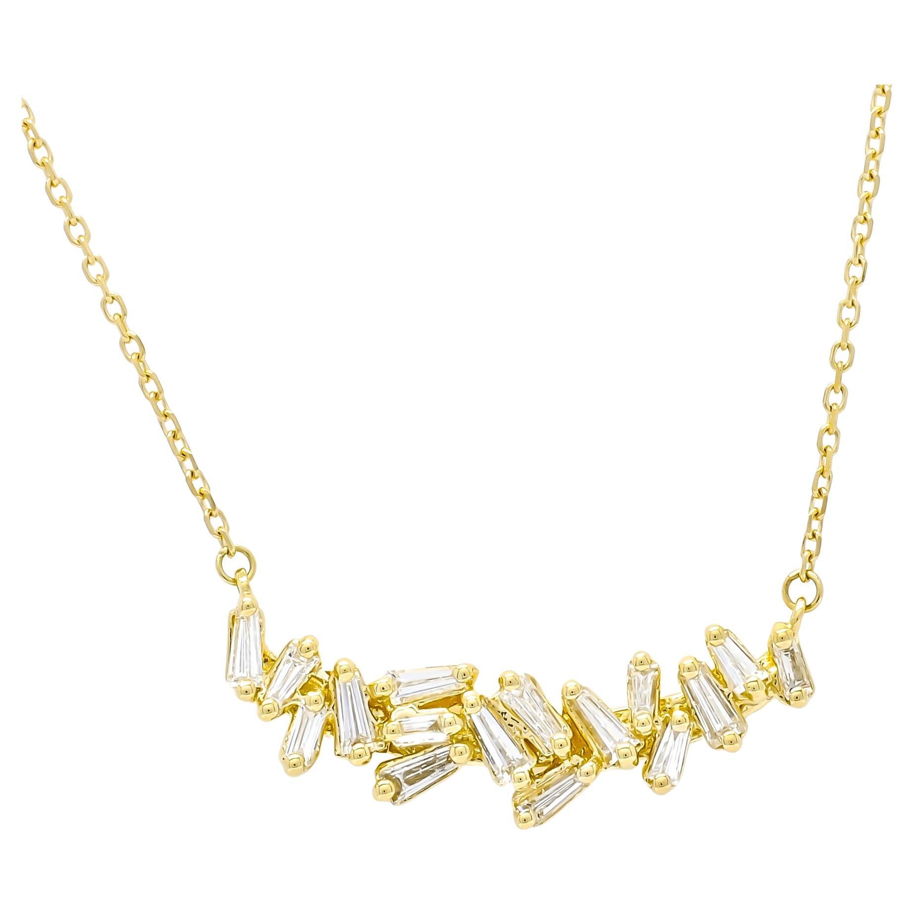 18KT Yellow Gold Diamonds Baguette Diamond Cluster Bar Art Deco Pendant Necklace For Sale