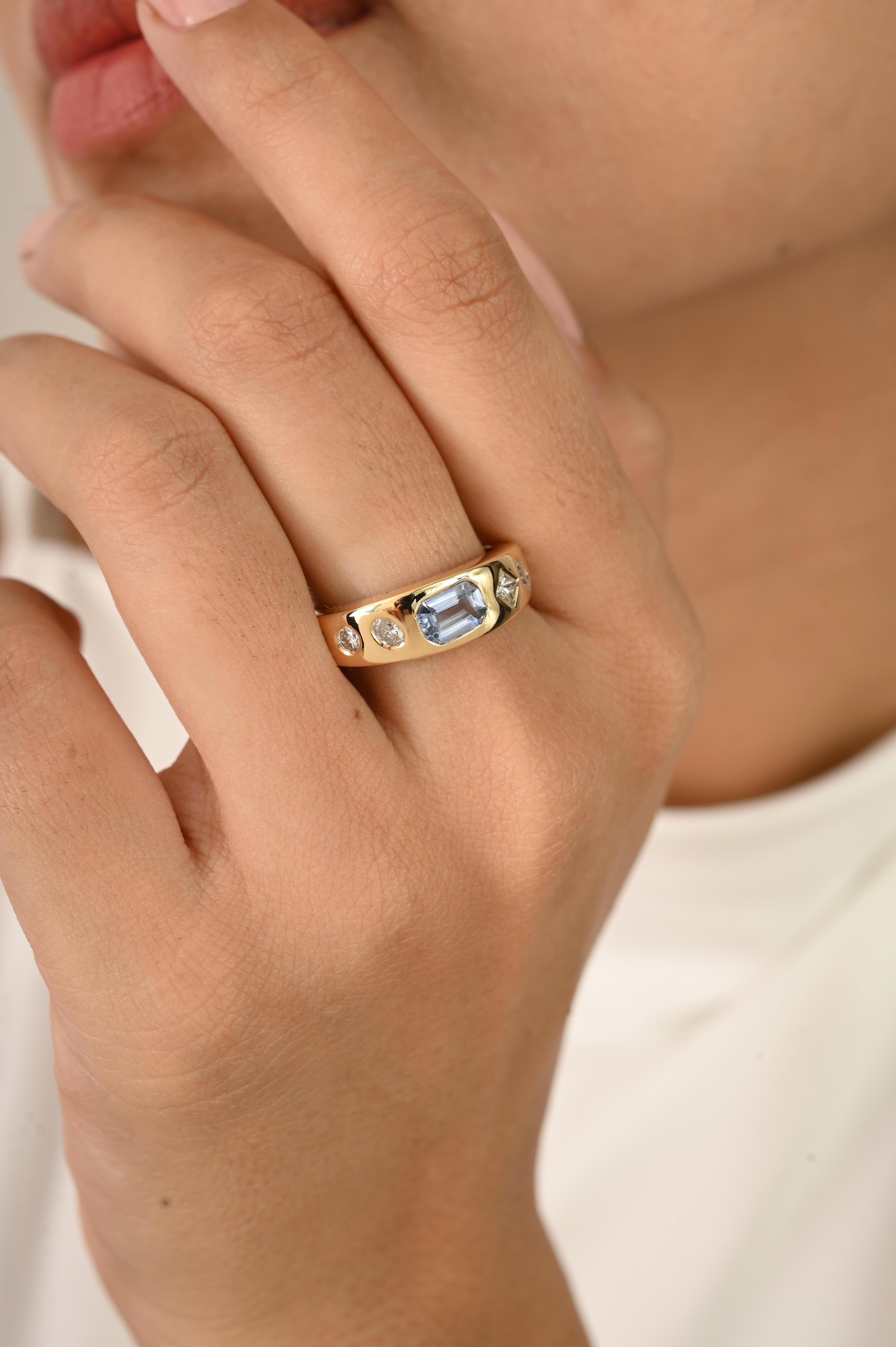 For Sale:  18Kt Yellow Gold Dome Ring with Natural Blue Sapphire & Diamond Gypsy Setting 4