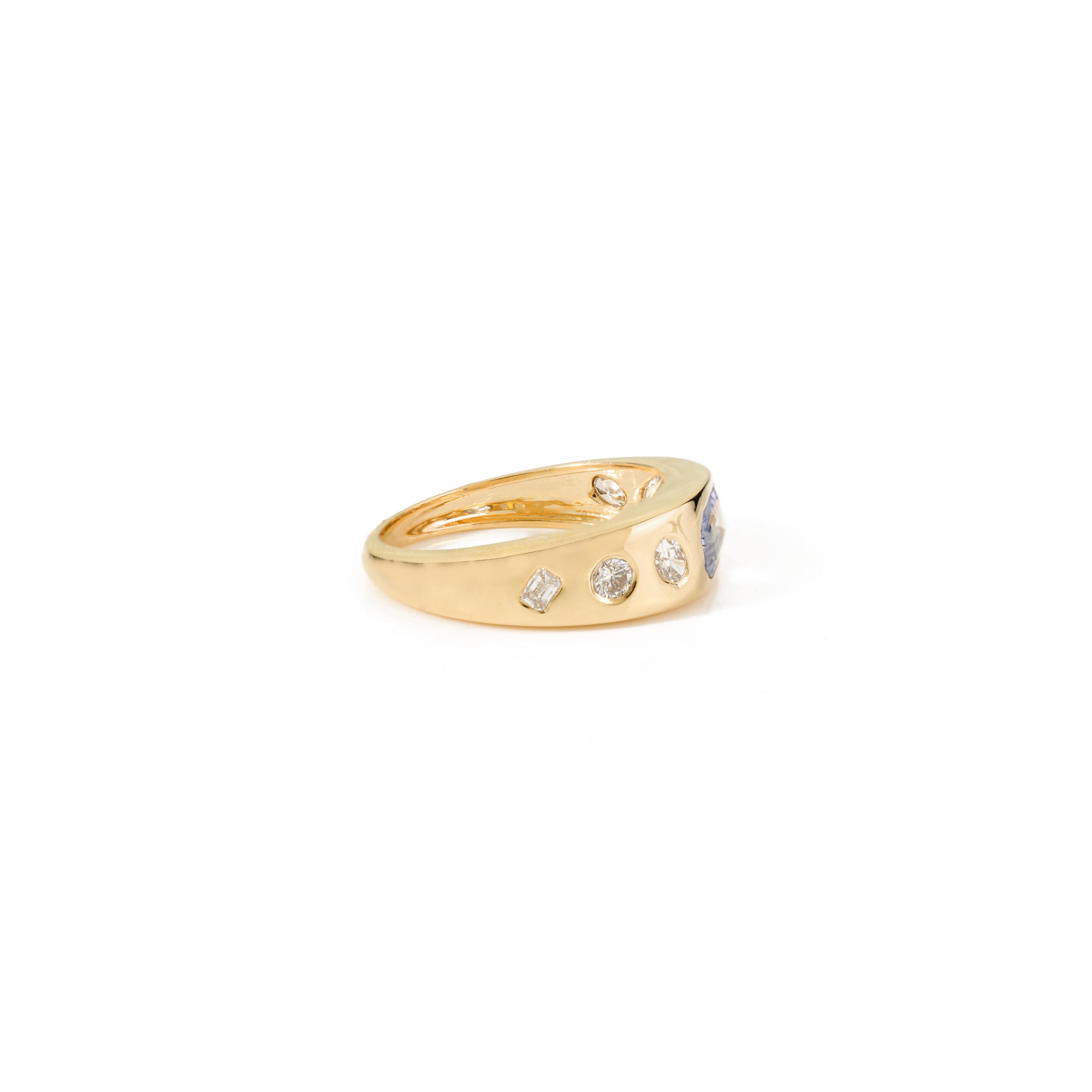 For Sale:  18Kt Yellow Gold Dome Ring with Natural Blue Sapphire & Diamond Gypsy Setting 7