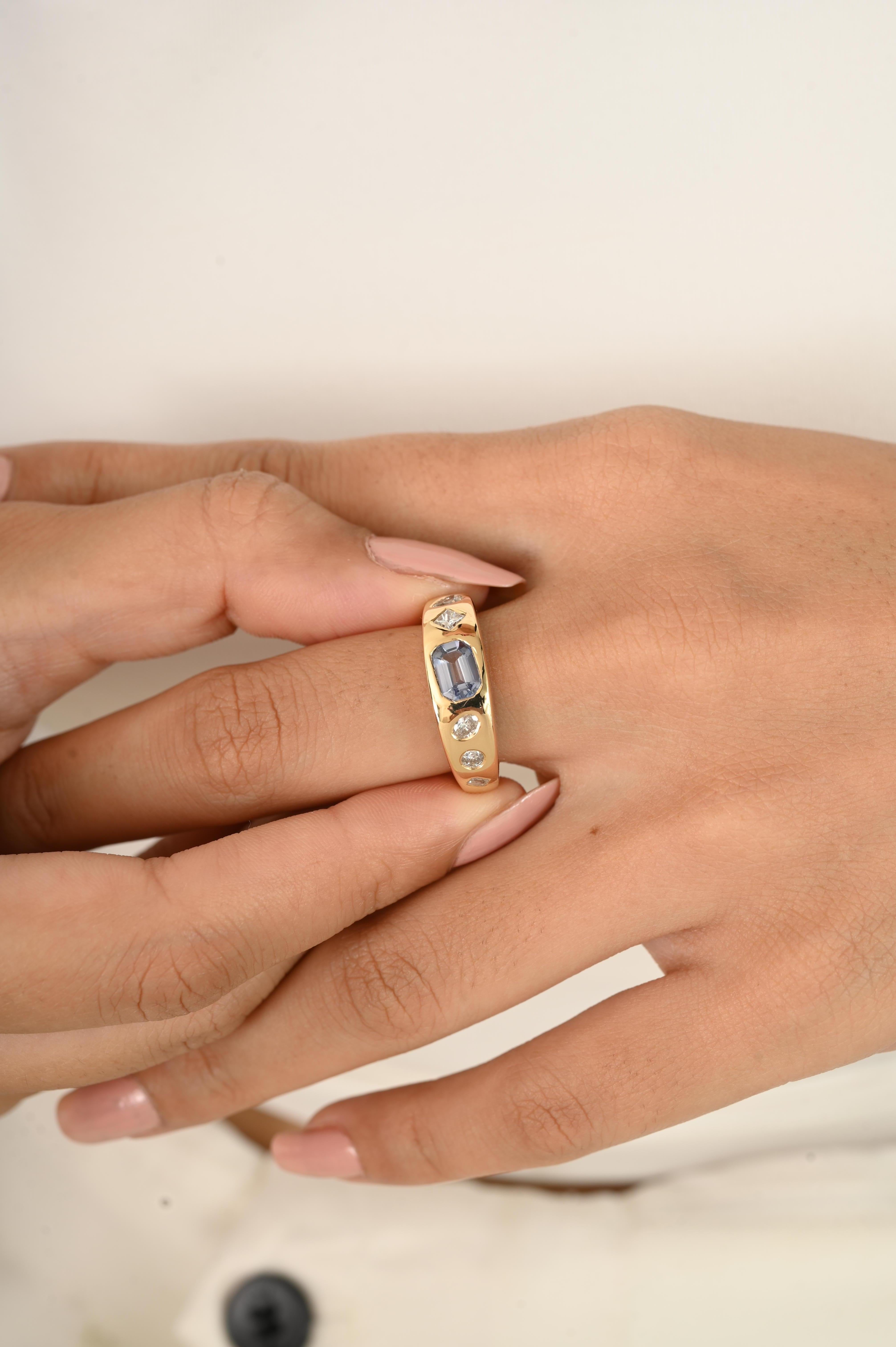 For Sale:  18Kt Yellow Gold Dome Ring with Natural Blue Sapphire & Diamond Gypsy Setting 8