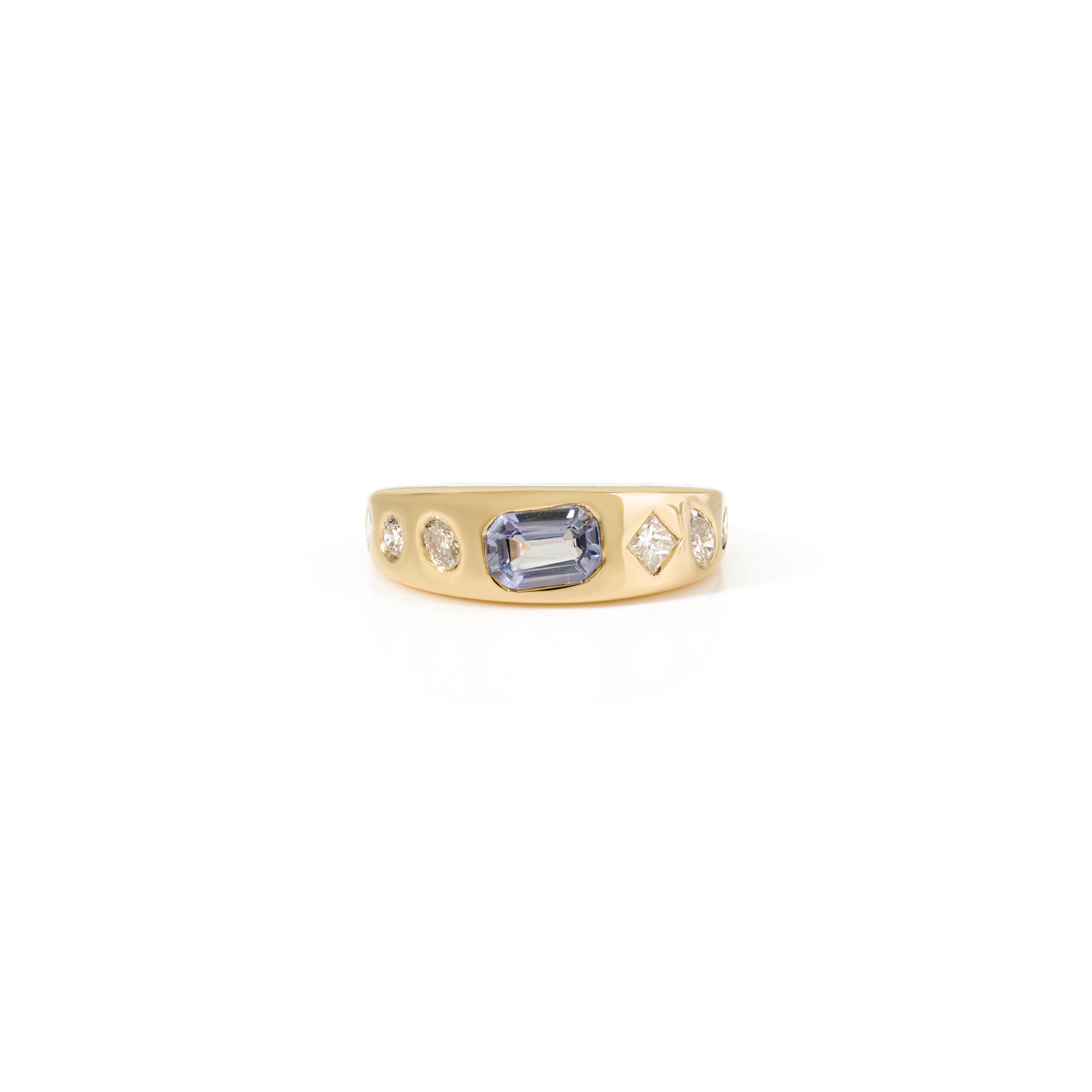 For Sale:  18Kt Yellow Gold Dome Ring with Natural Blue Sapphire & Diamond Gypsy Setting 9