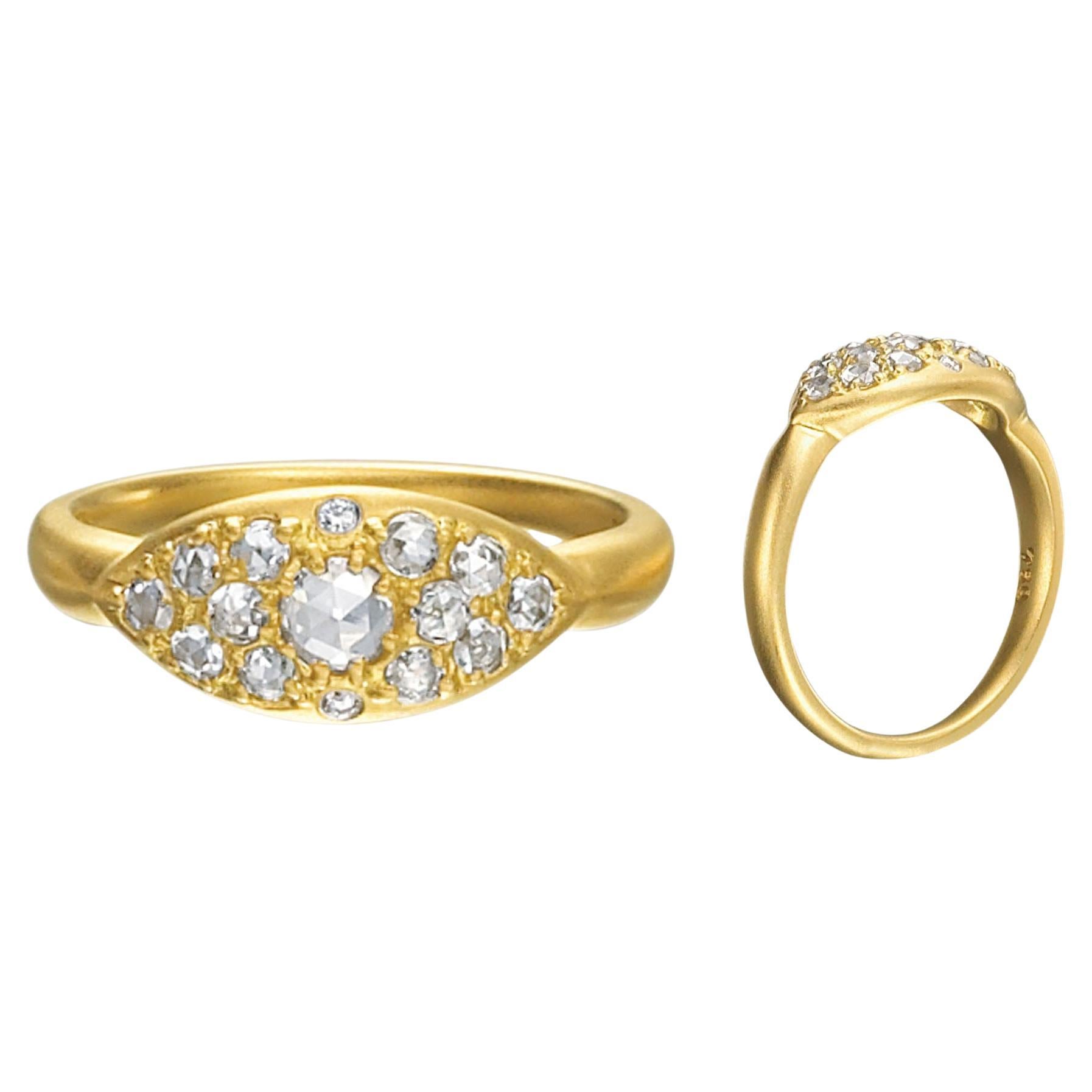18 Karat Yellow Gold Domed Band Ring with White Rose Cut Diamonds 