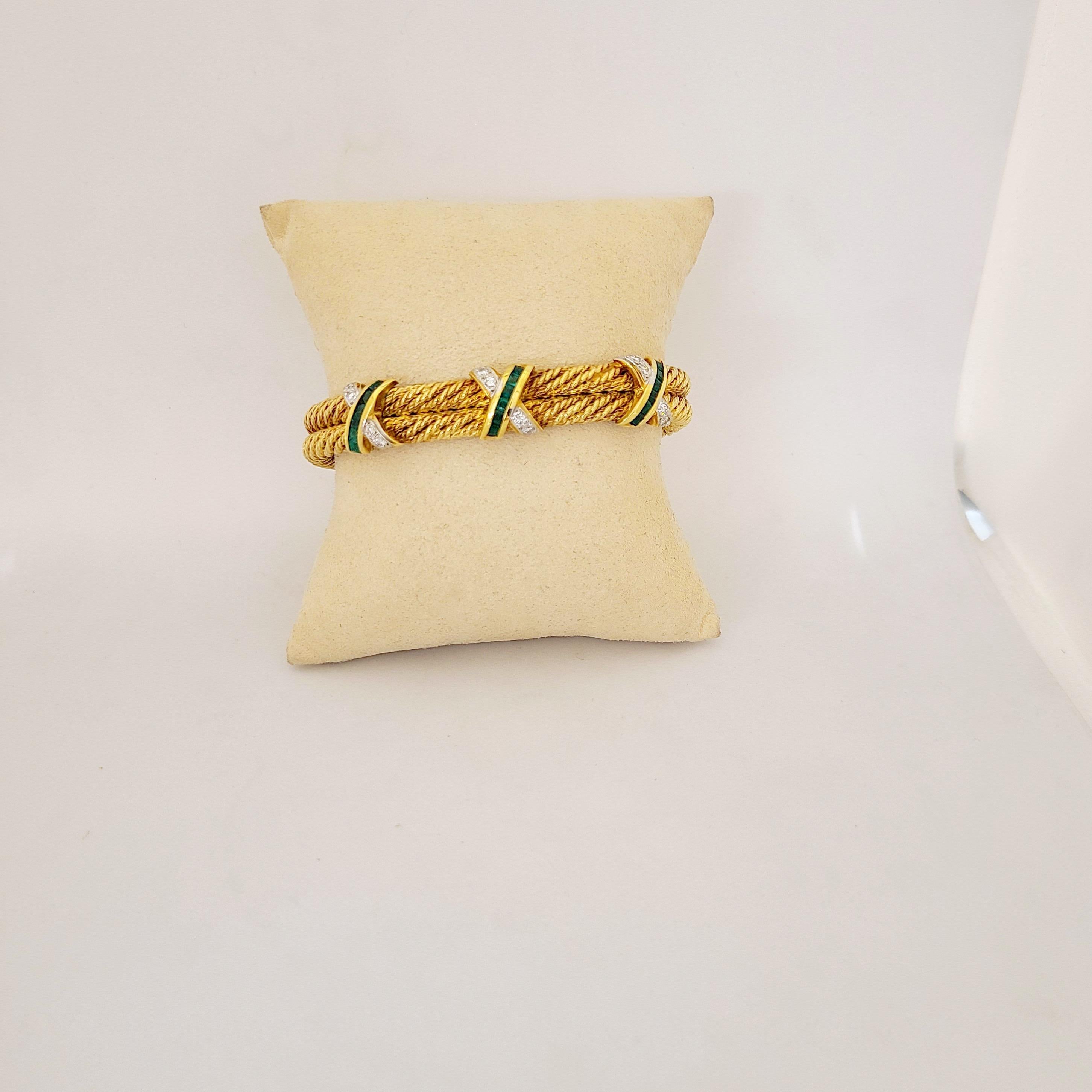 Contemporary 18 Karat Gold Double Cable Cuff Bracelet with .36 Carat Diamond and Emeralds