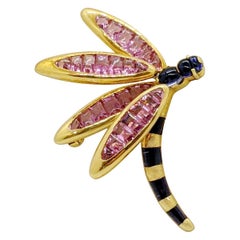 18KT Yellow Gold Dragonfly Brooch with 11.50Ct. Pink Tourmaline & 2.90Ct. Iolite