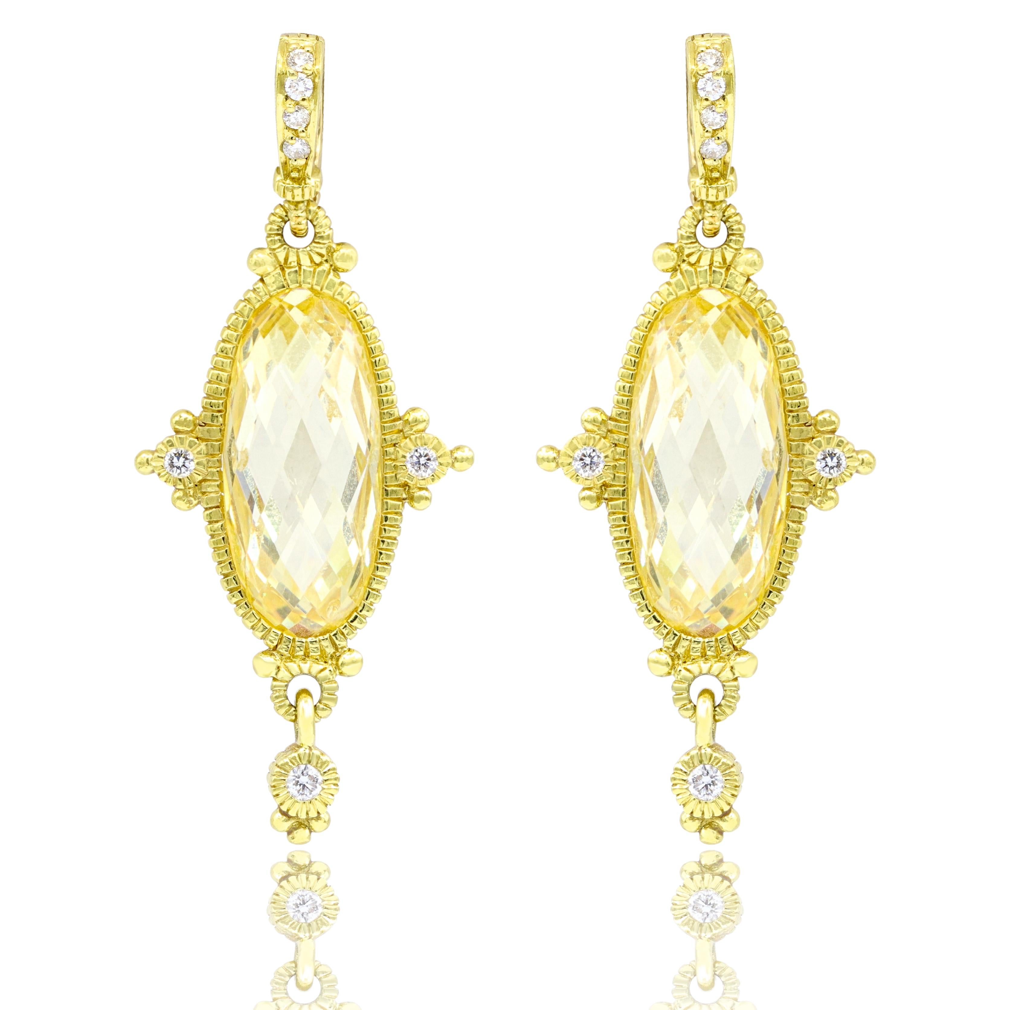 18kt yellow gold citrine, and diamond earrings, features 20.00ct of oval citrine, and .75ct of diamonds. 
