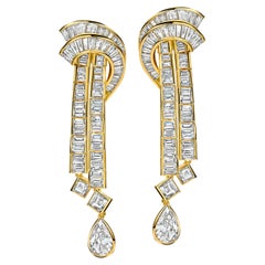 Vintage 18kt Yellow Gold Earrings 3ct Pear, 7.6ct Baguette, 1.2ct Square Diamonds Estate