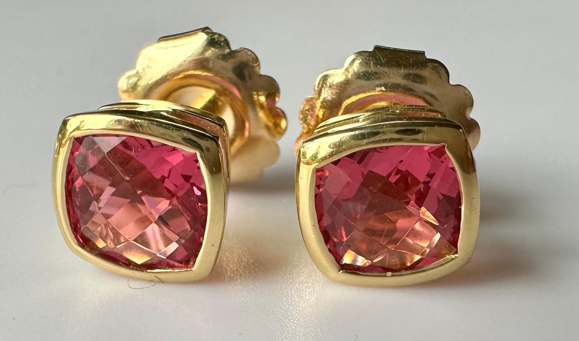 18kt Yellow Gold Earrings set with Cushion Cut Shocking Pink Tourmaline. For Sale 5