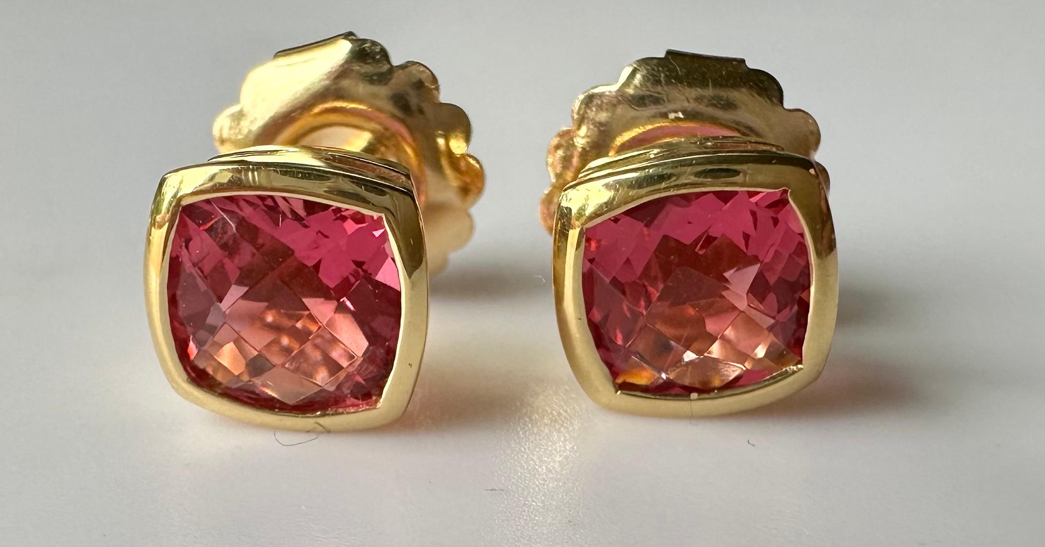 18kt Yellow Gold Earrings set with Cushion Cut Shocking Pink Tourmaline. For Sale 8