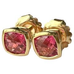 18kt Yellow Gold Earrings set with Cushion Cut Shocking Pink Tourmaline.