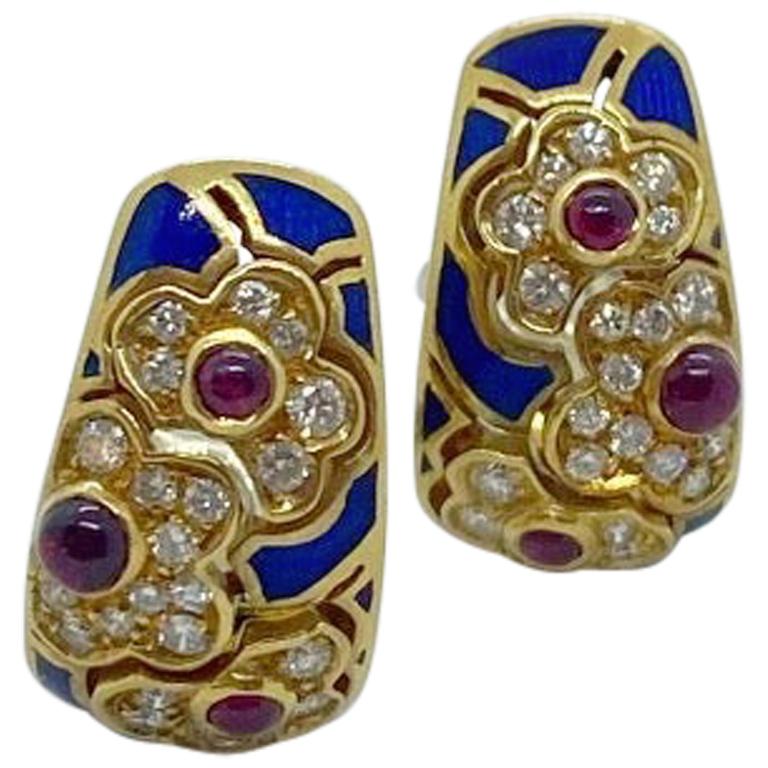 18KT Yellow Gold Earrings with .75 Carat Ruby, .68 Carat Diamond and Blue Enamel