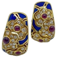 Vintage 18KT Yellow Gold Earrings with .75 Carat Ruby, .68 Carat Diamond and Blue Enamel