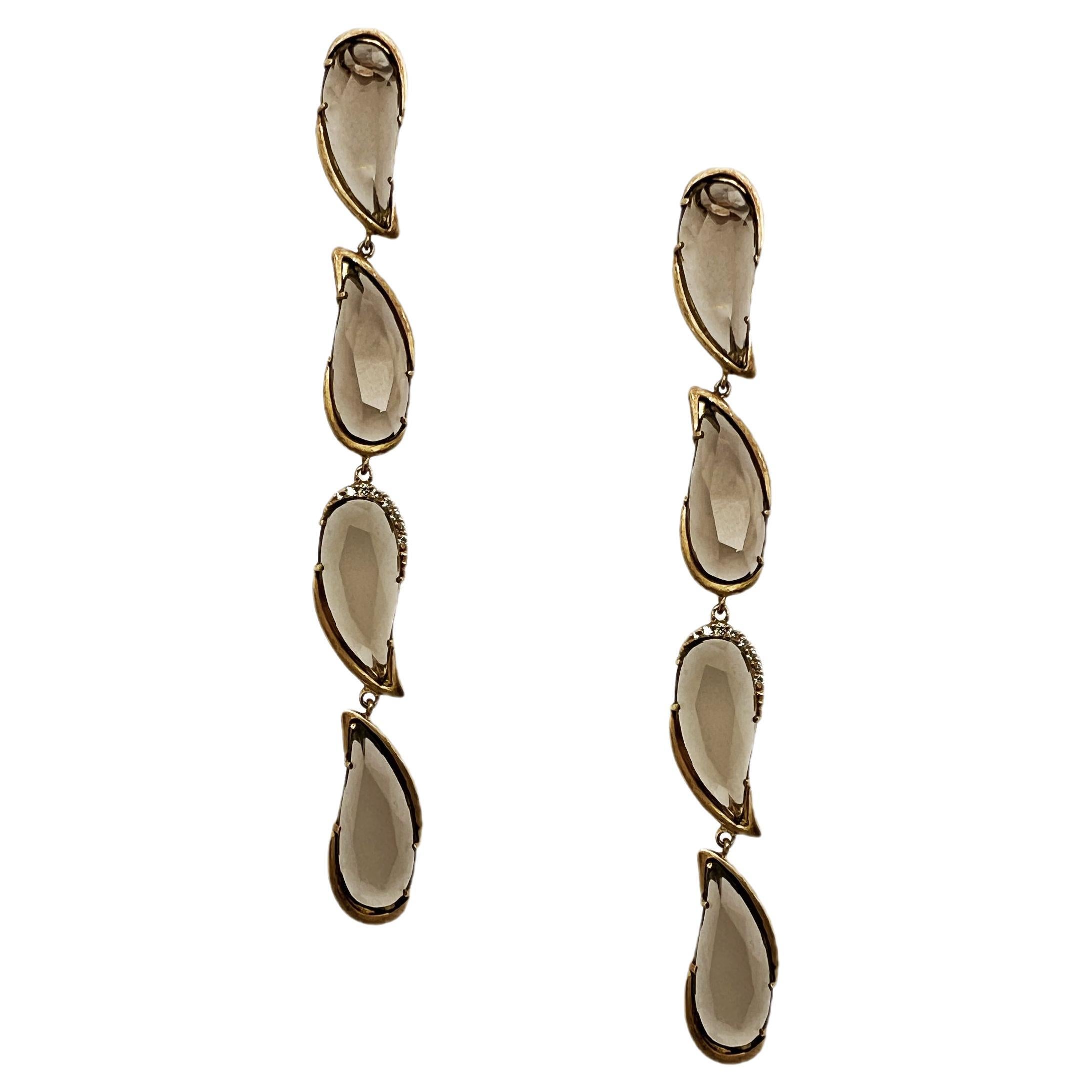 18kt yellow gold earrings with diamonds & asymmetric smoky quartz drops