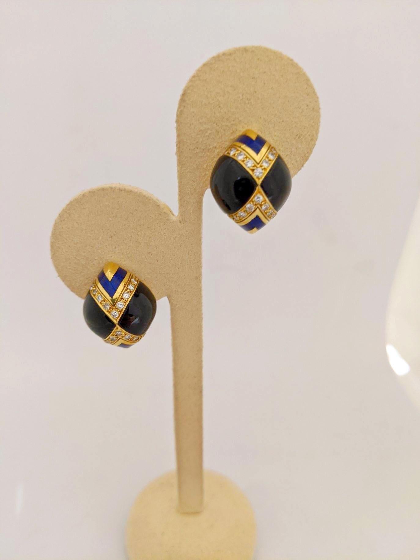Retro 18 Karat Yellow Gold Earrings with Diamonds, Black Onyx, and Blue Enamel
