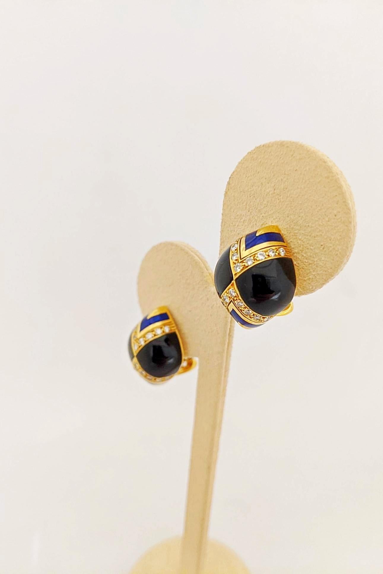 Round Cut 18 Karat Yellow Gold Earrings with Diamonds, Black Onyx, and Blue Enamel