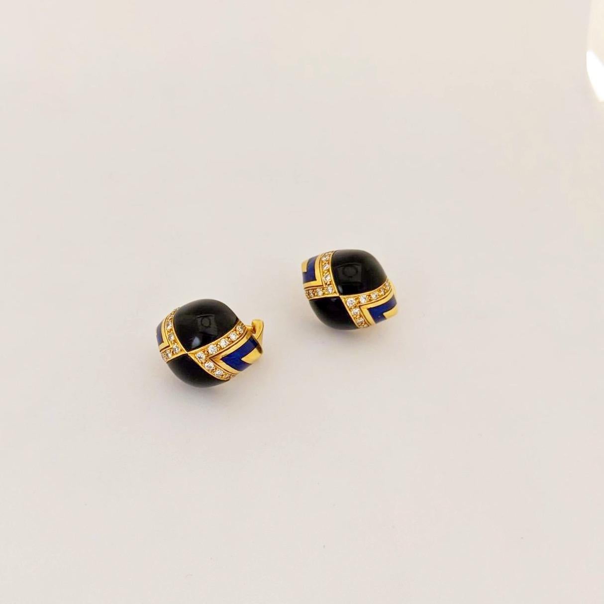 18 Karat Yellow Gold Earrings with Diamonds, Black Onyx, and Blue Enamel In New Condition In New York, NY