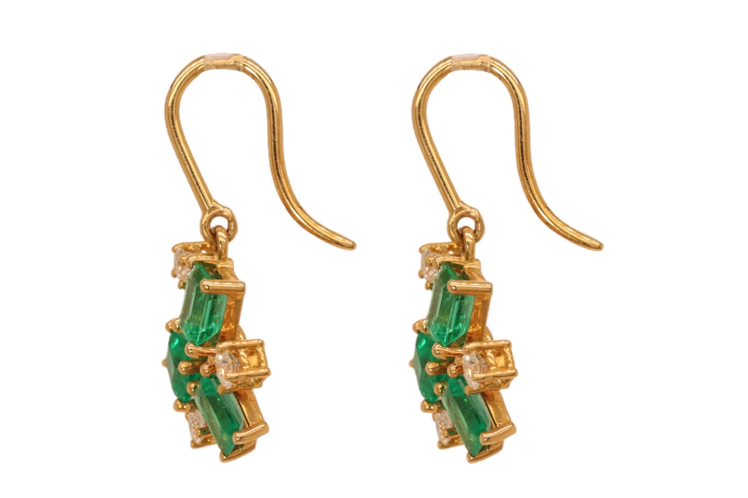 Artisan 18 Karat Yellow Gold Earrings with Emeralds & Diamonds For Sale