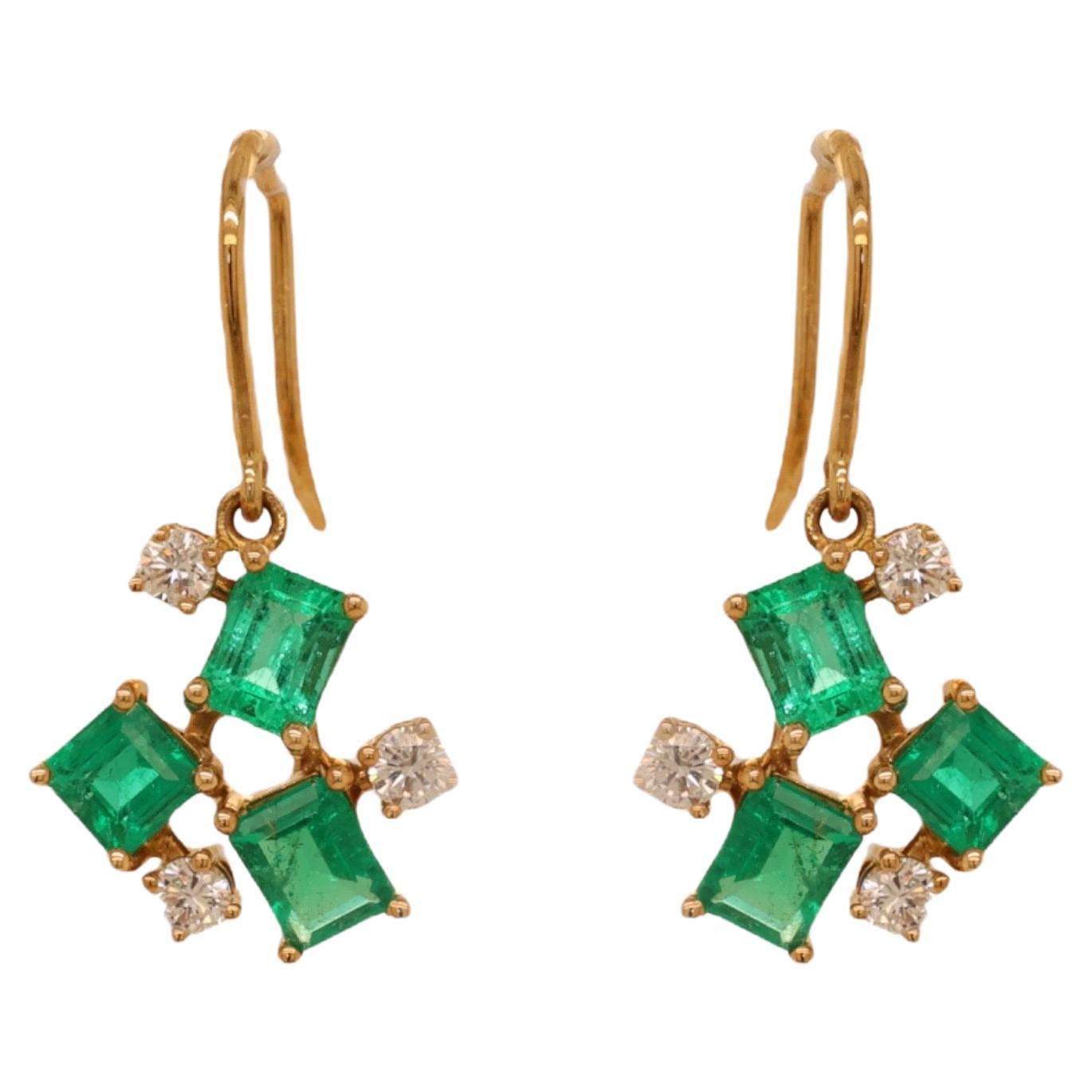 18 Karat Yellow Gold Earrings with Emeralds & Diamonds For Sale