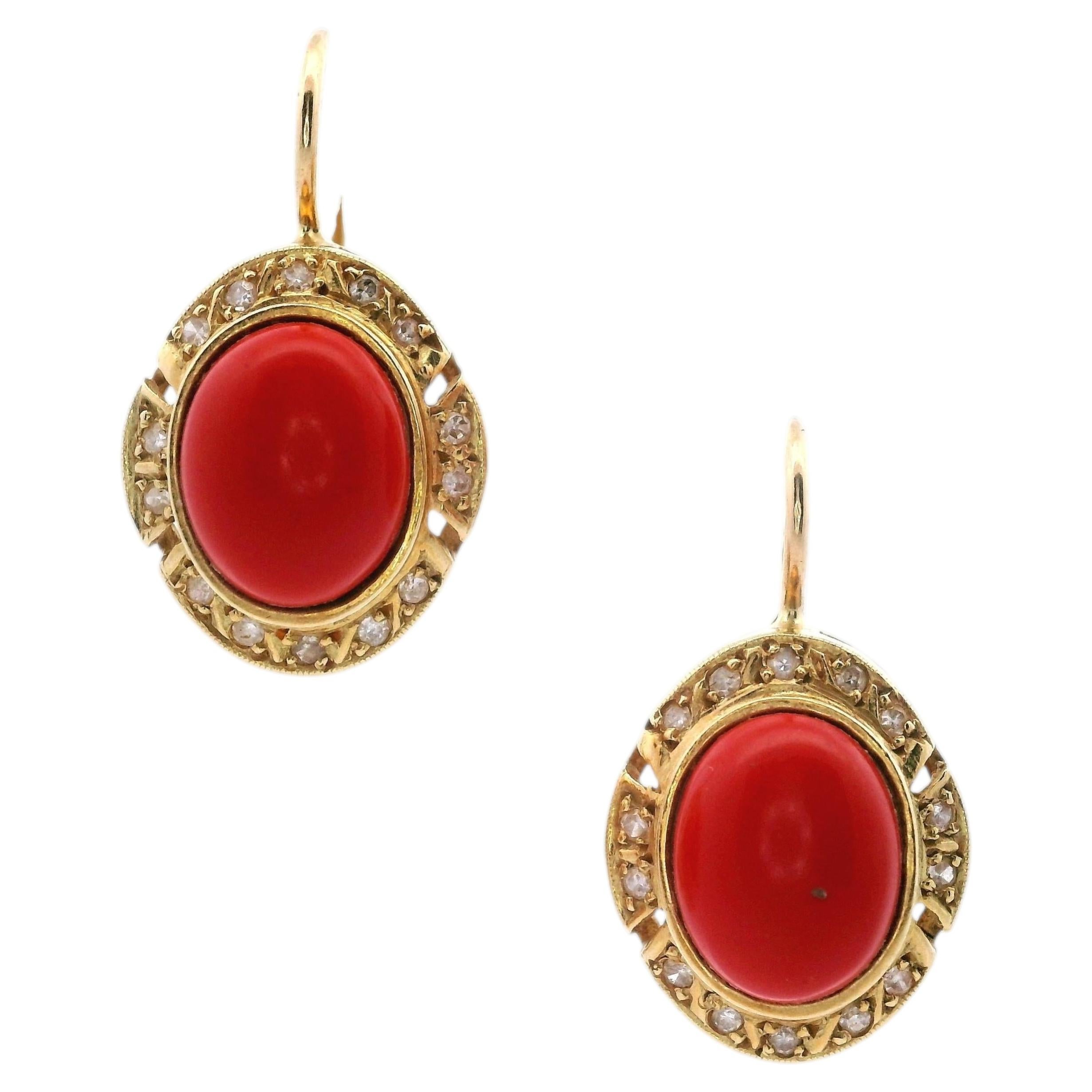18kt yellow Gold Earrings with Italian coral and Diamonds