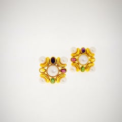18 Karat Gold Earrings with Mabe Pearls and Multicolored Semi Precious Stones