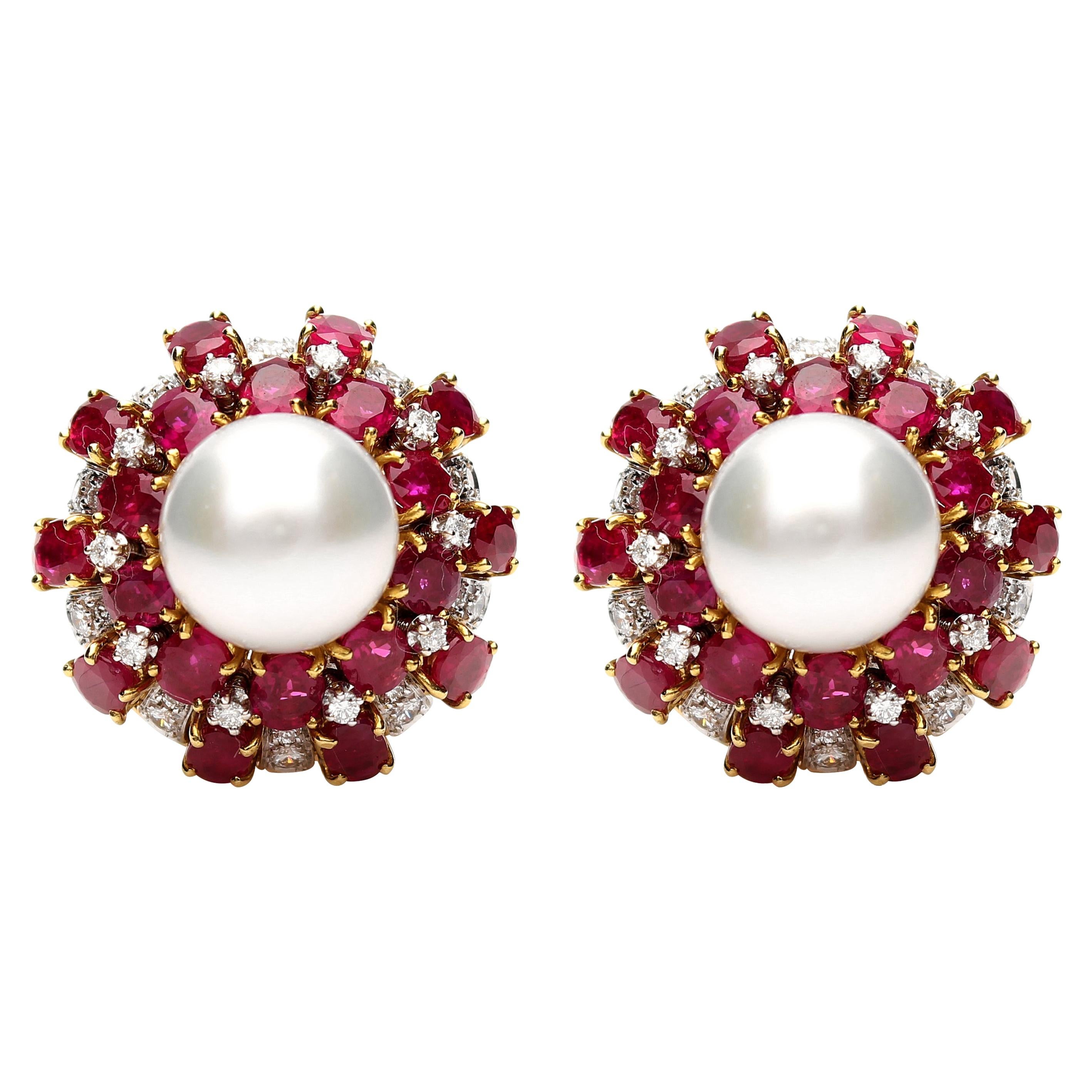 18 Karat Yellow Gold Earrings with Oval Cut Rubies, Diamonds and Pearls