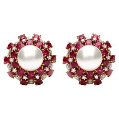 18 Karat Yellow Gold Earrings with Oval Cut Rubies, Diamonds and Pearls