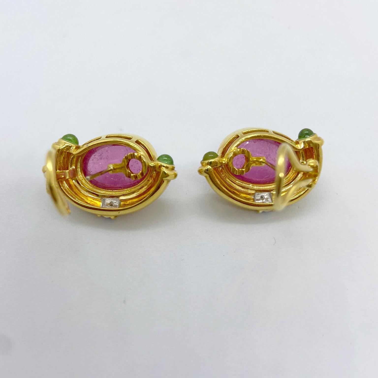Oval Cut 18 Karat Yellow Gold Earrings with Pink and Green Tourmaline, and Diamonds For Sale