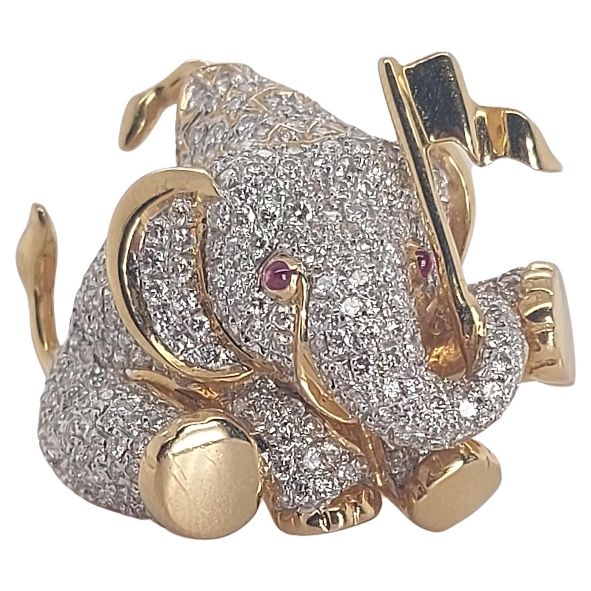 18kt Yellow Gold Elephant with Flag Brooch with 2.4ct Diamonds