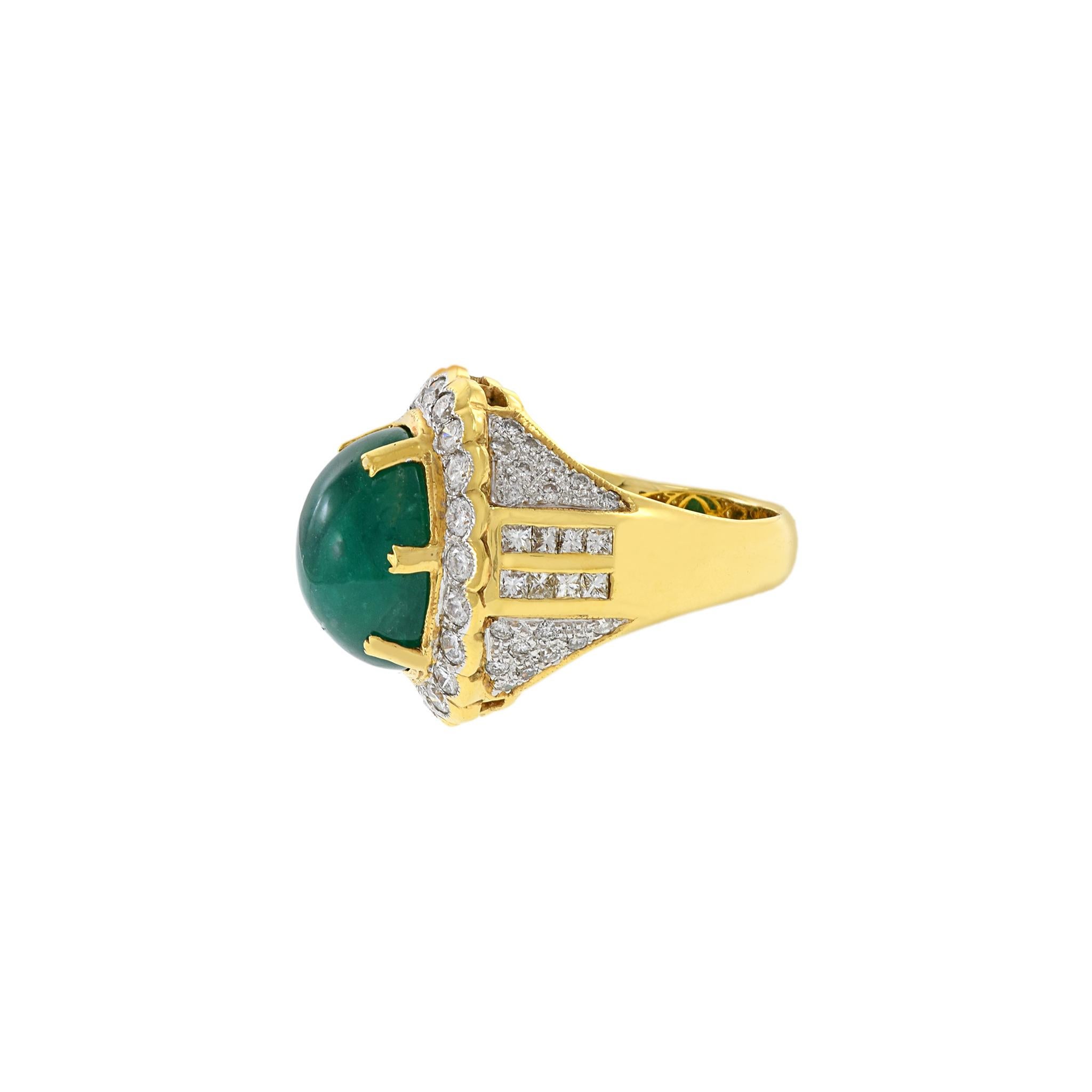 Oval Cut 18kt Yellow Gold, Emerald and Diamond Ring For Sale