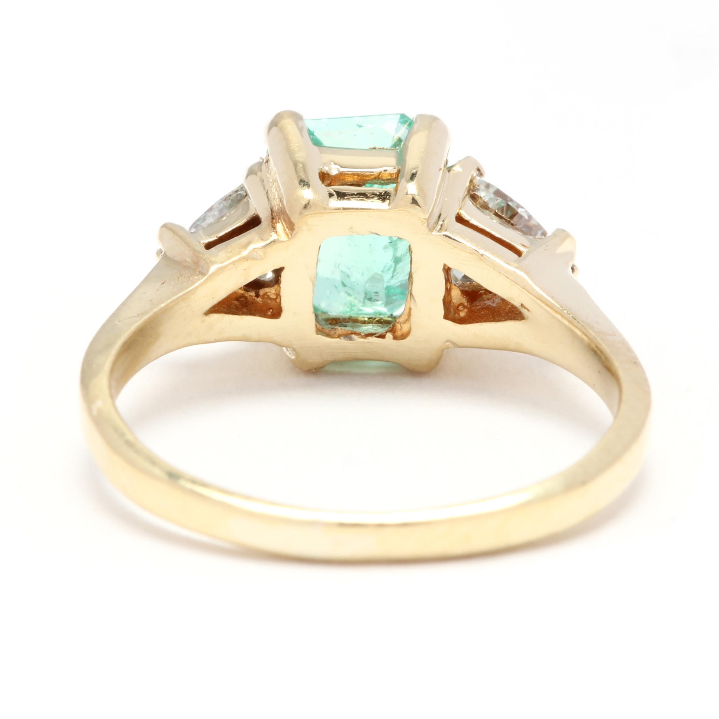 Emerald Cut 18 Karat Yellow Gold, Emerald and Trillion Diamond Three-Stone Ring