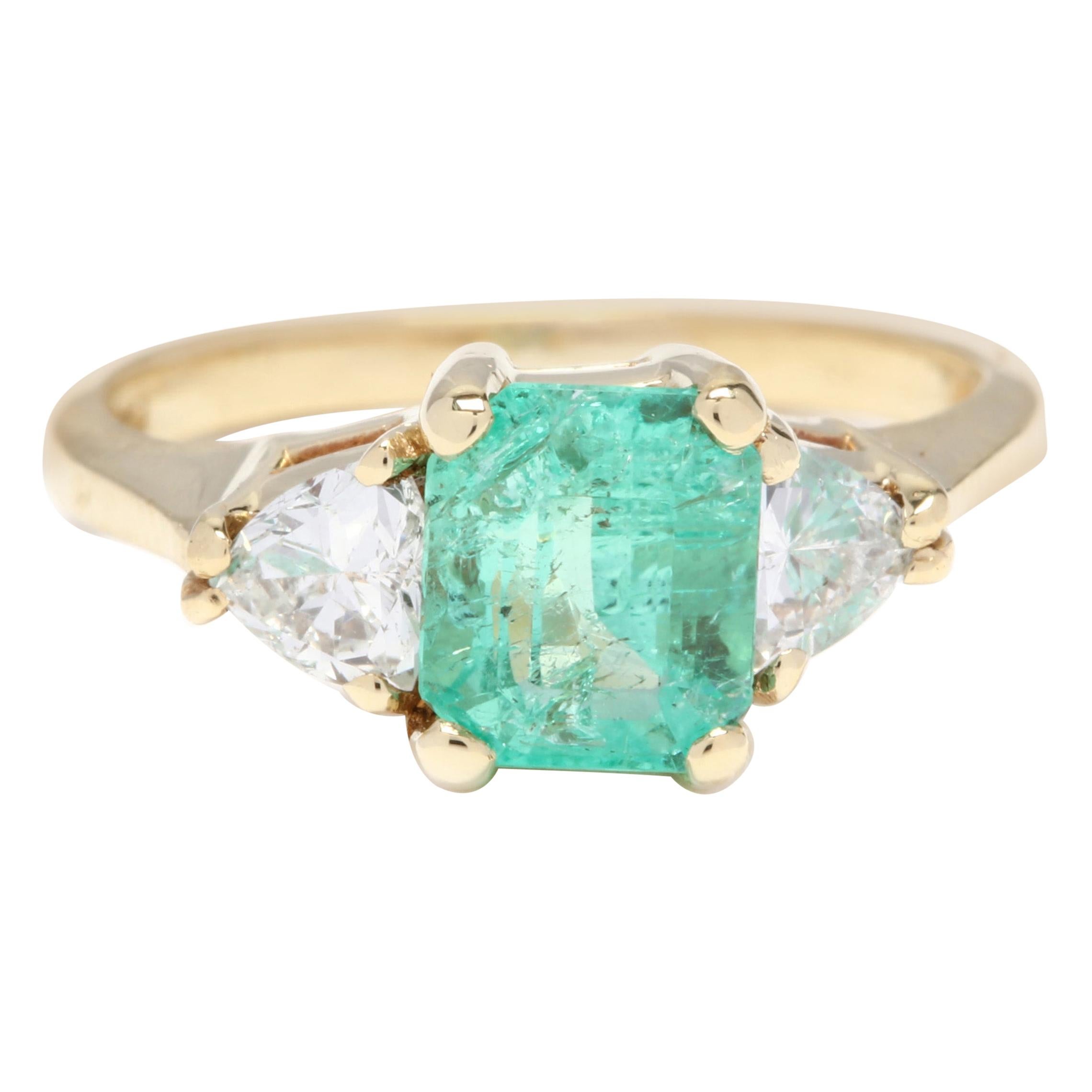 18 Karat Yellow Gold, Emerald and Trillion Diamond Three-Stone Ring