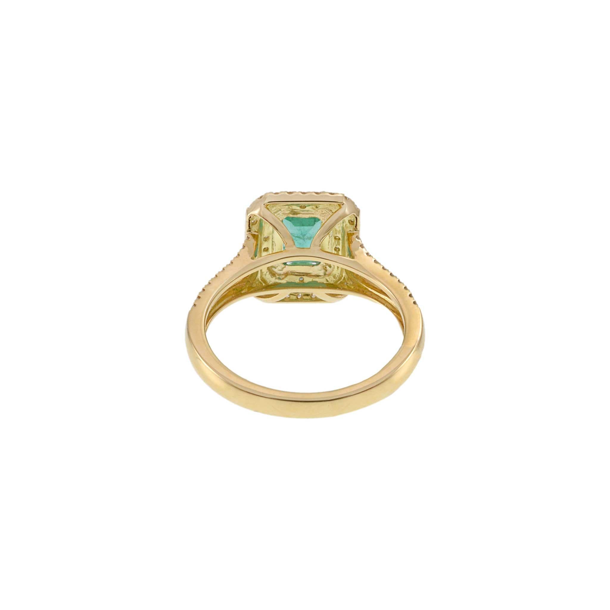 18KT Yellow Gold Emerald Cut Emerald and Diamond Double Halo Ring For Sale 5