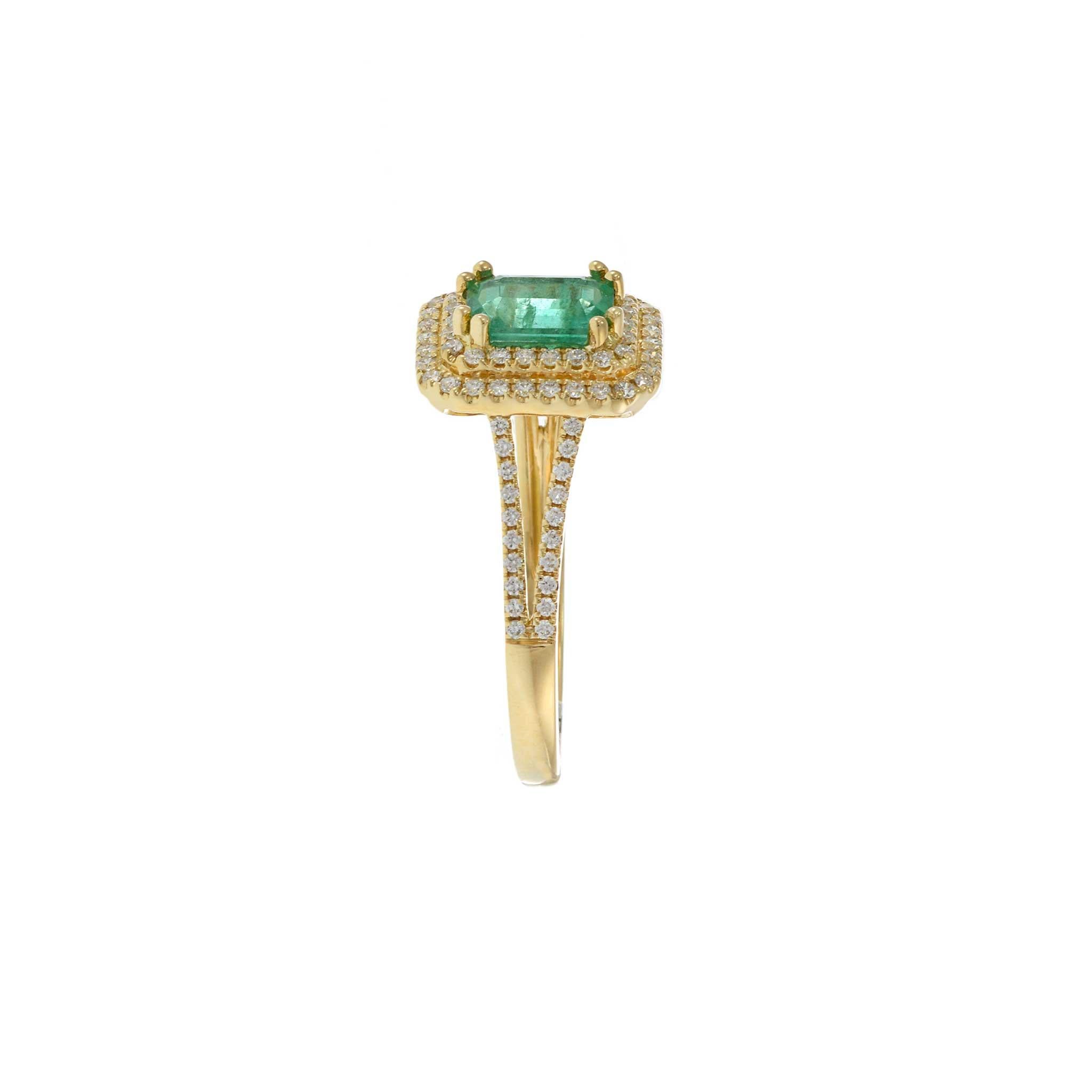 Women's 18KT Yellow Gold Emerald Cut Emerald and Diamond Double Halo Ring For Sale