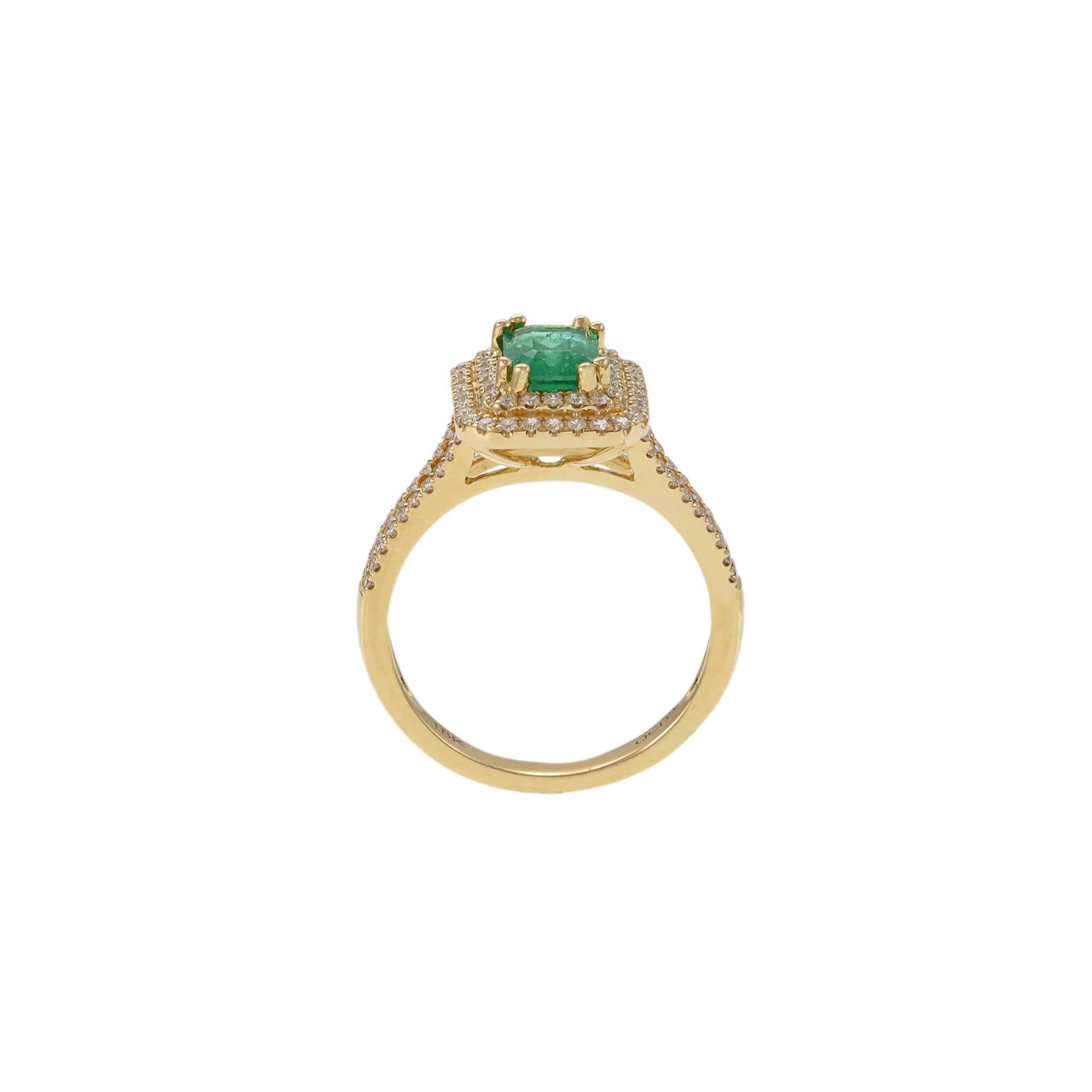 18KT Yellow Gold Emerald Cut Emerald and Diamond Double Halo Ring For Sale 1