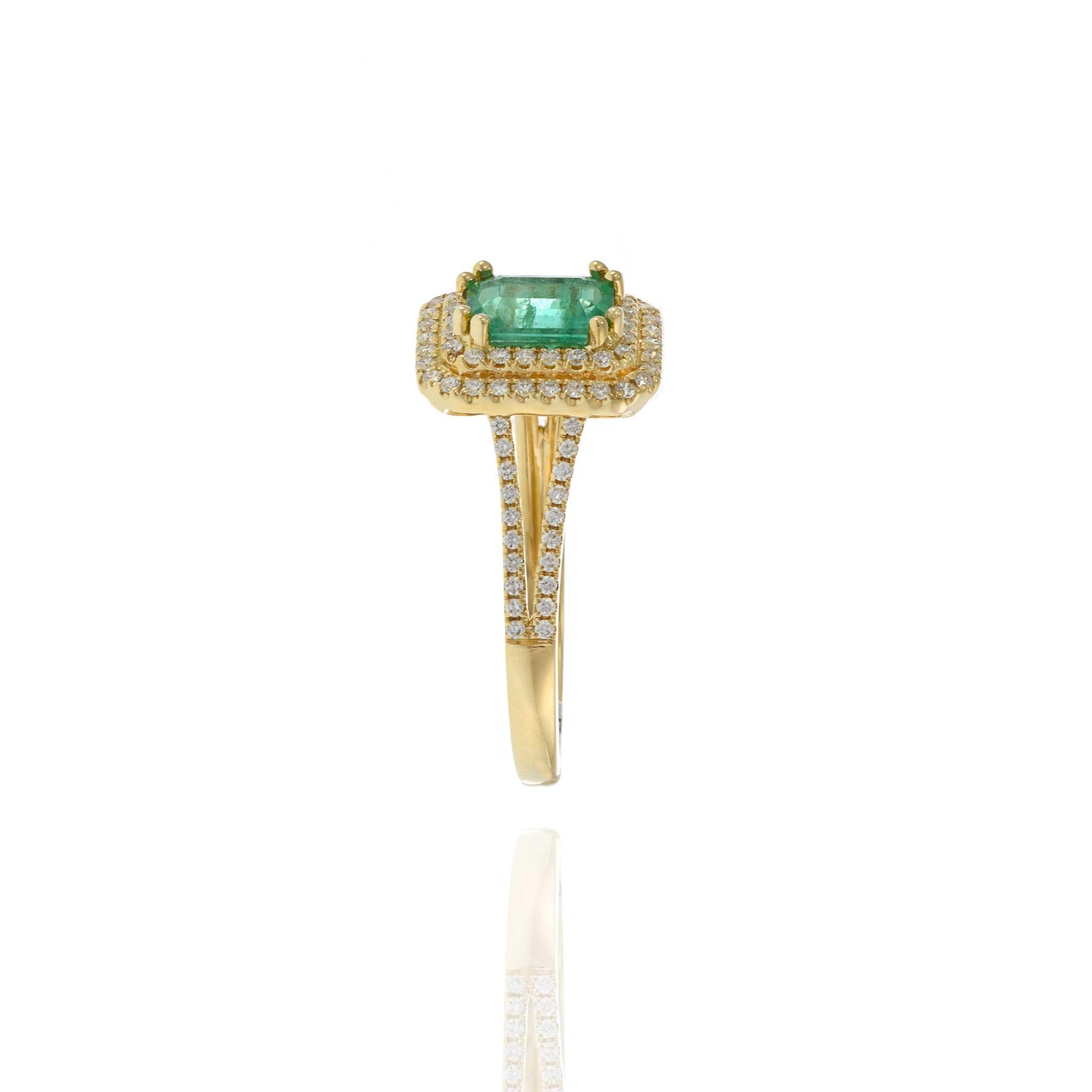 18KT Yellow Gold Emerald Cut Emerald and Diamond Double Halo Ring For Sale 2