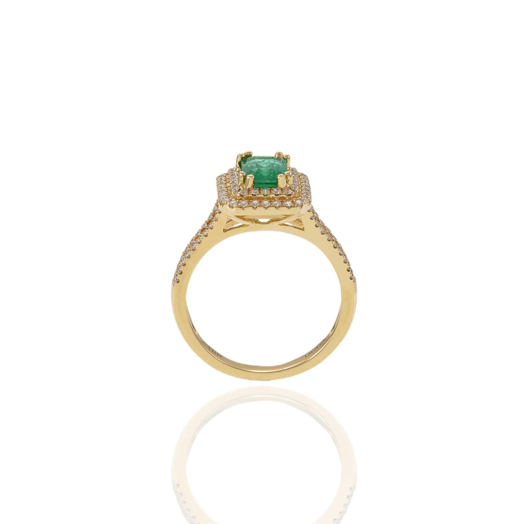 18KT Yellow Gold Emerald Cut Emerald and Diamond Double Halo Ring For Sale 3