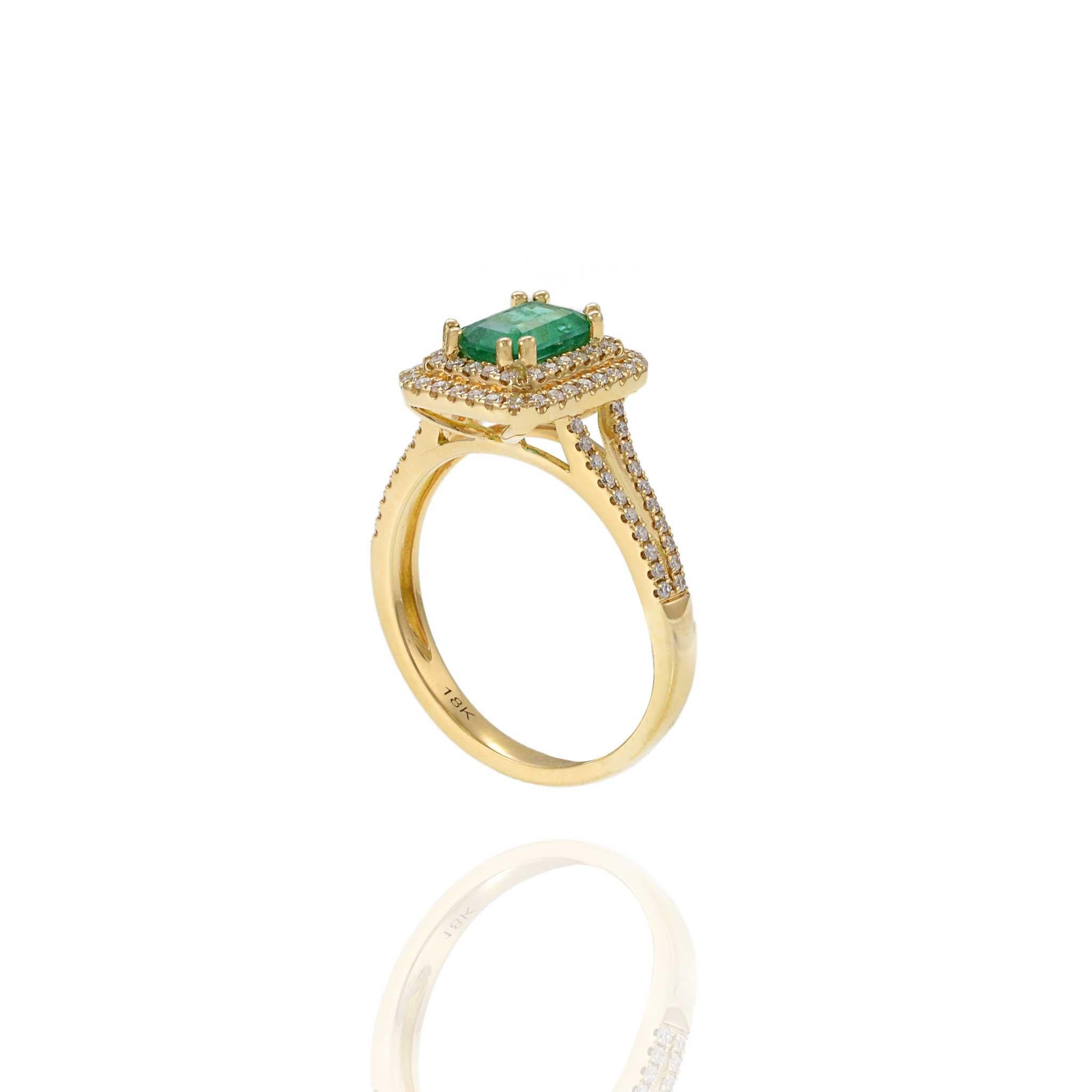 18KT Yellow Gold Emerald Cut Emerald and Diamond Double Halo Ring For Sale 4