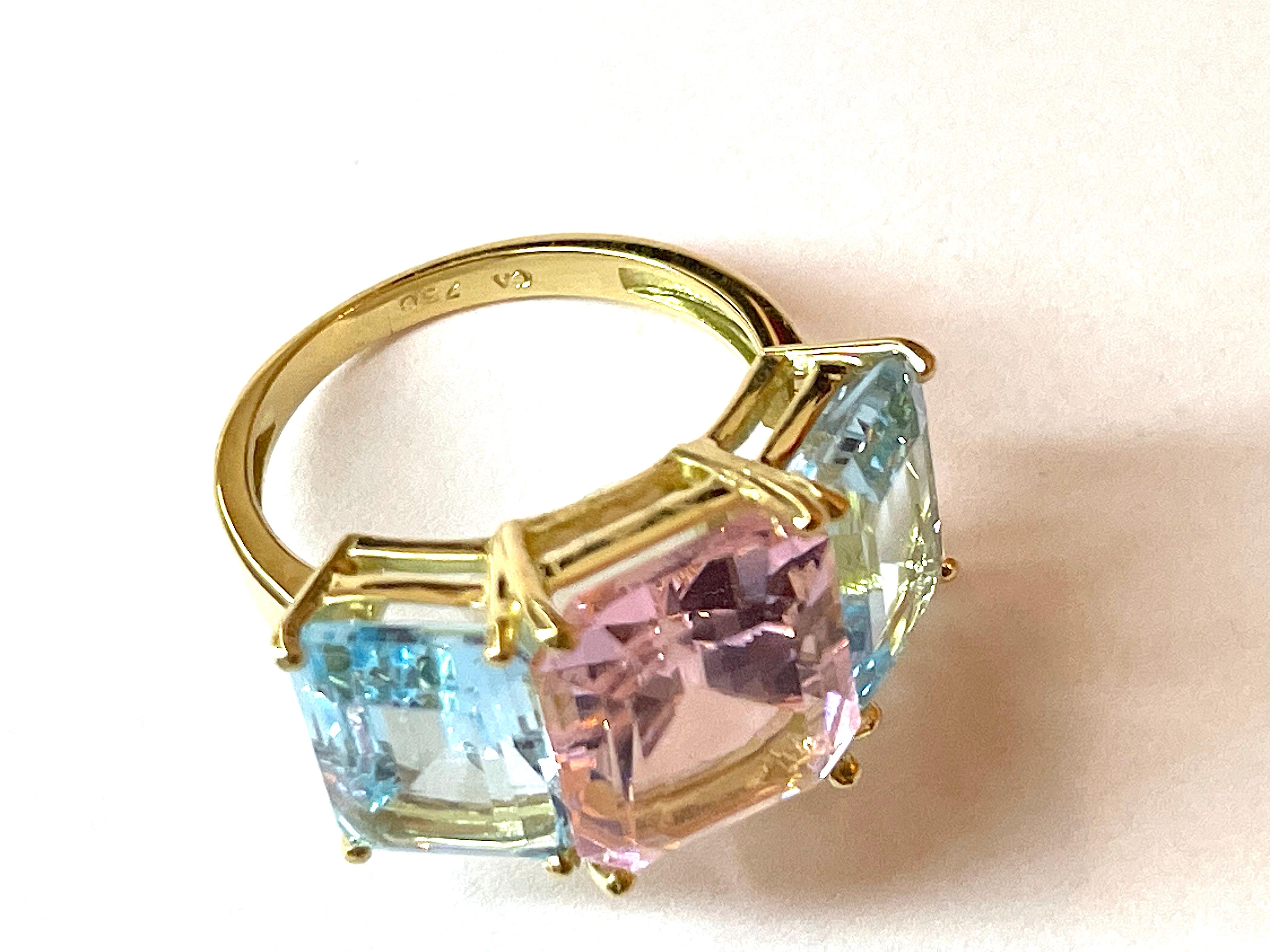 18kt Yellow Gold Emerald Cut Ring with Pink Topaz and Blue Topaz For Sale 3