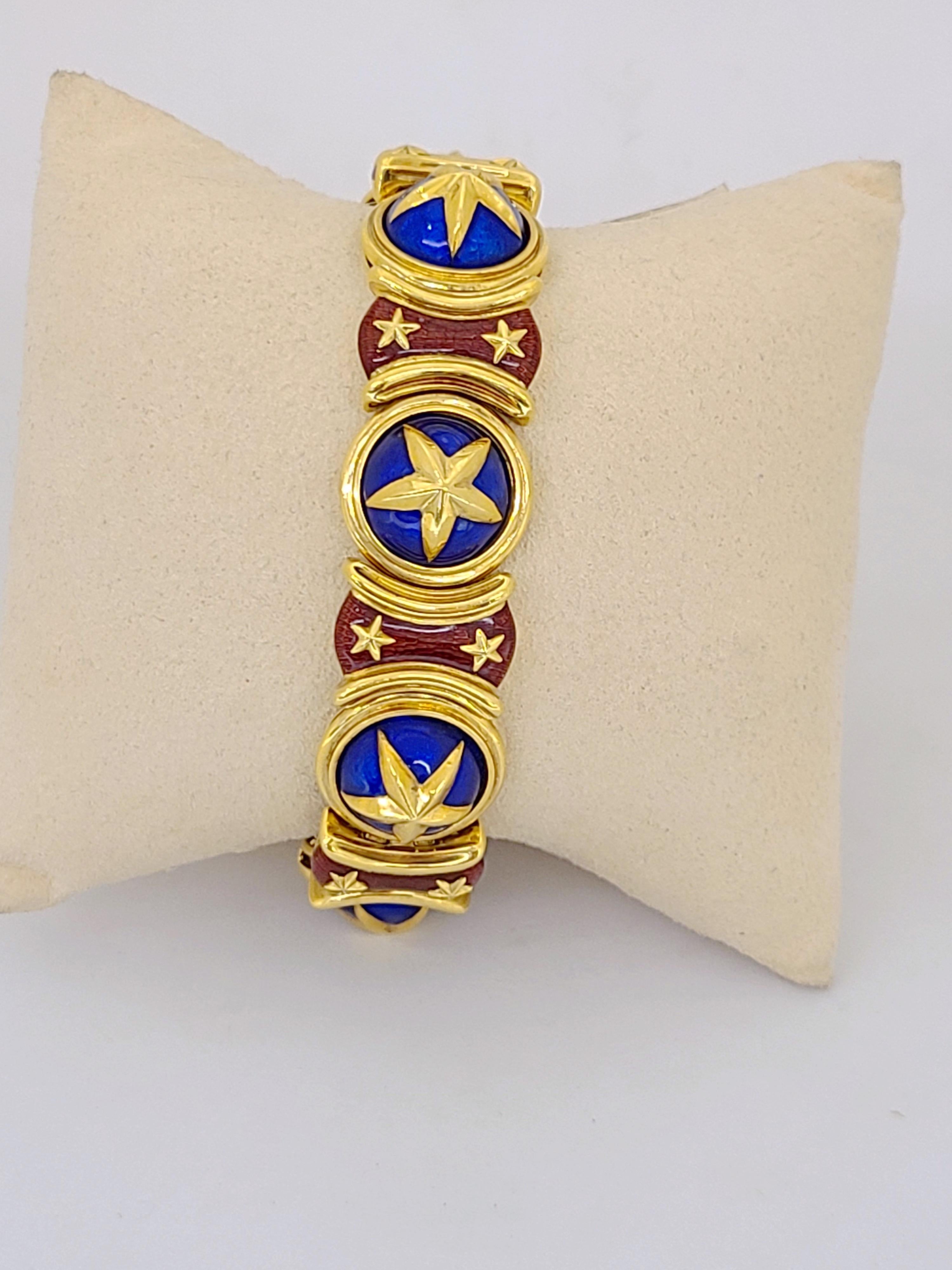 Retro 18 Karat Yellow Gold Enamel All American Bracelet with Red and Blue Enamel For Sale