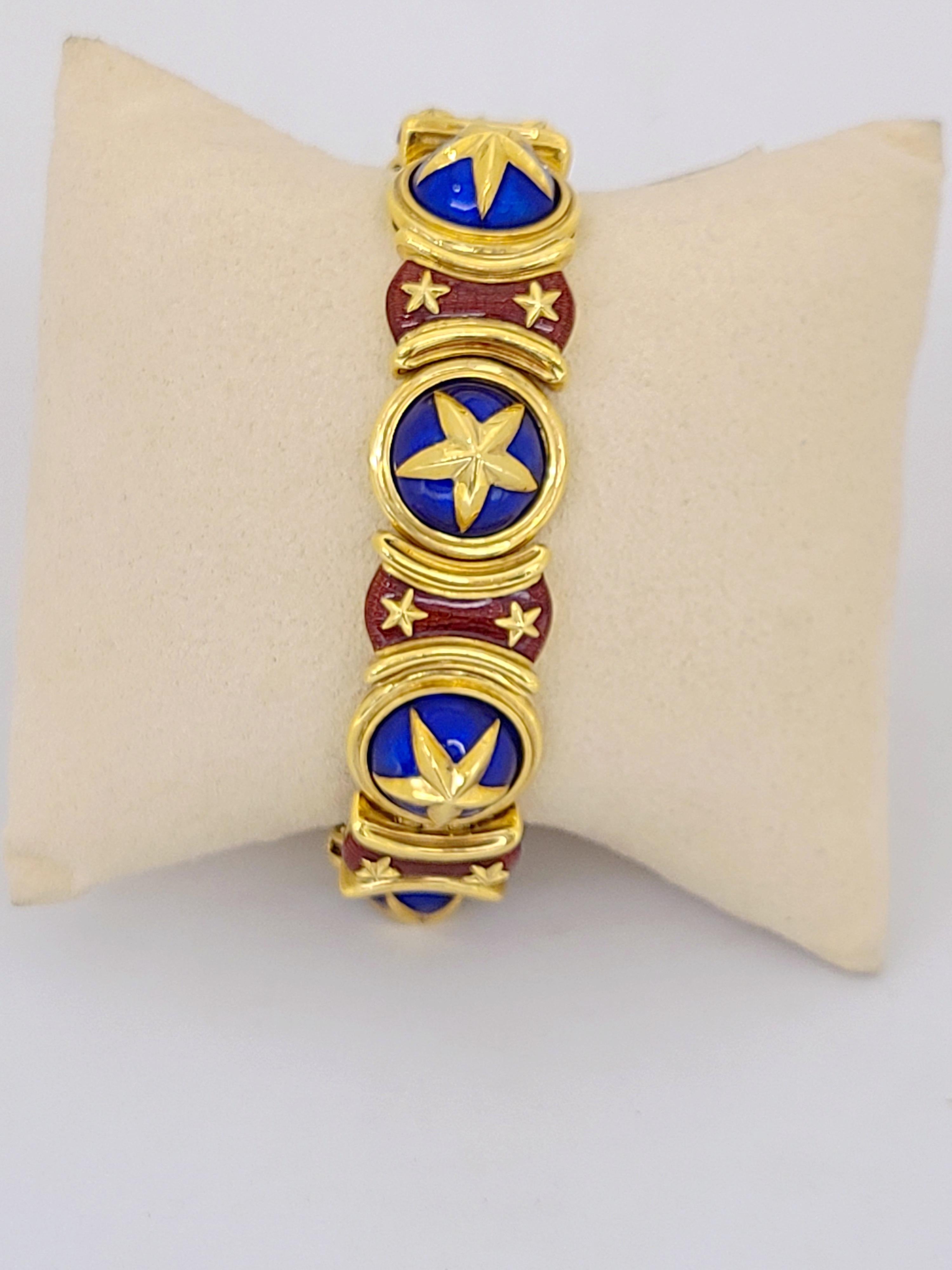 Bracelet tout Américain en or jaune 18 carats et émail rouge et bleu Unisexe en vente
