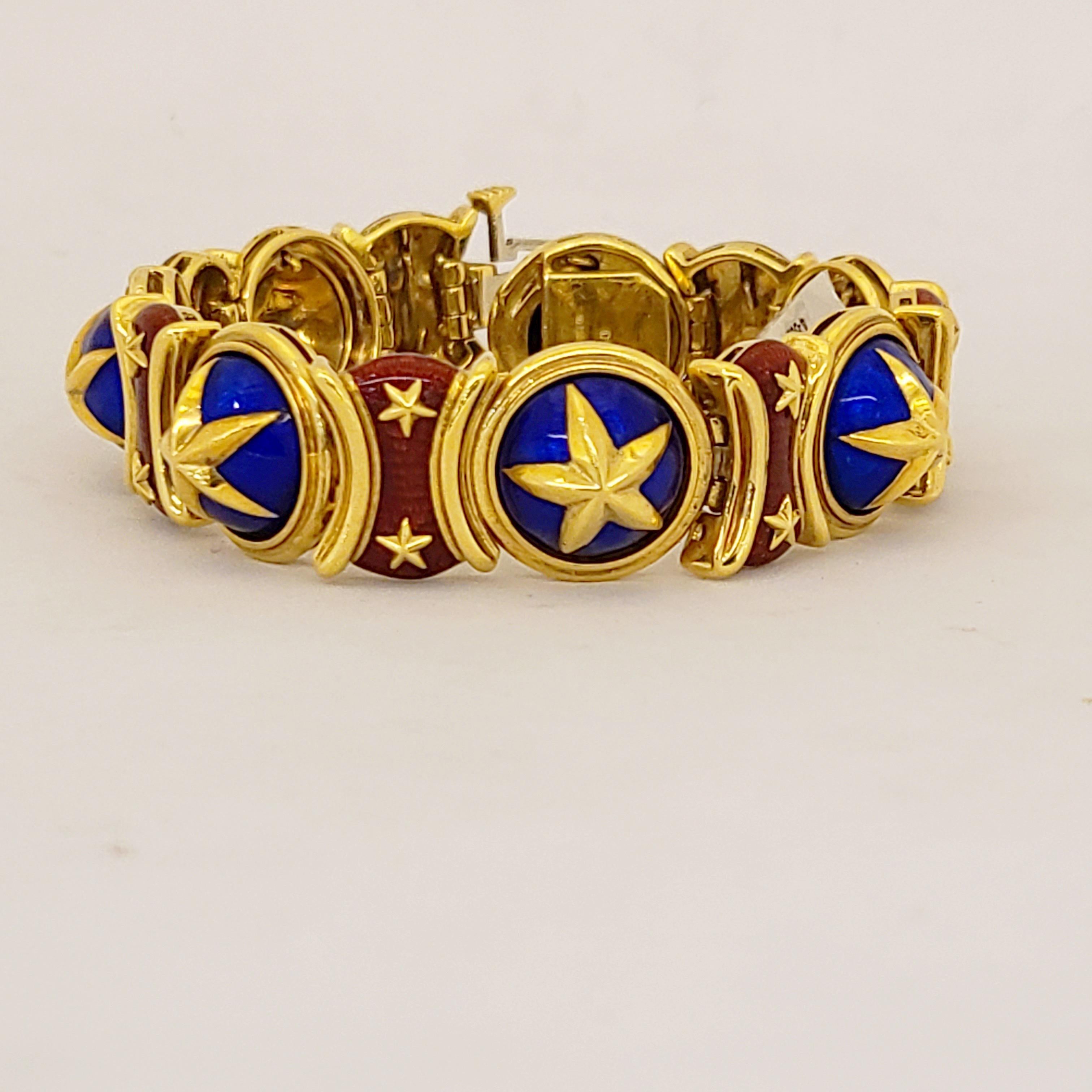 Women's or Men's 18 Karat Yellow Gold Enamel All American Bracelet with Red and Blue Enamel For Sale