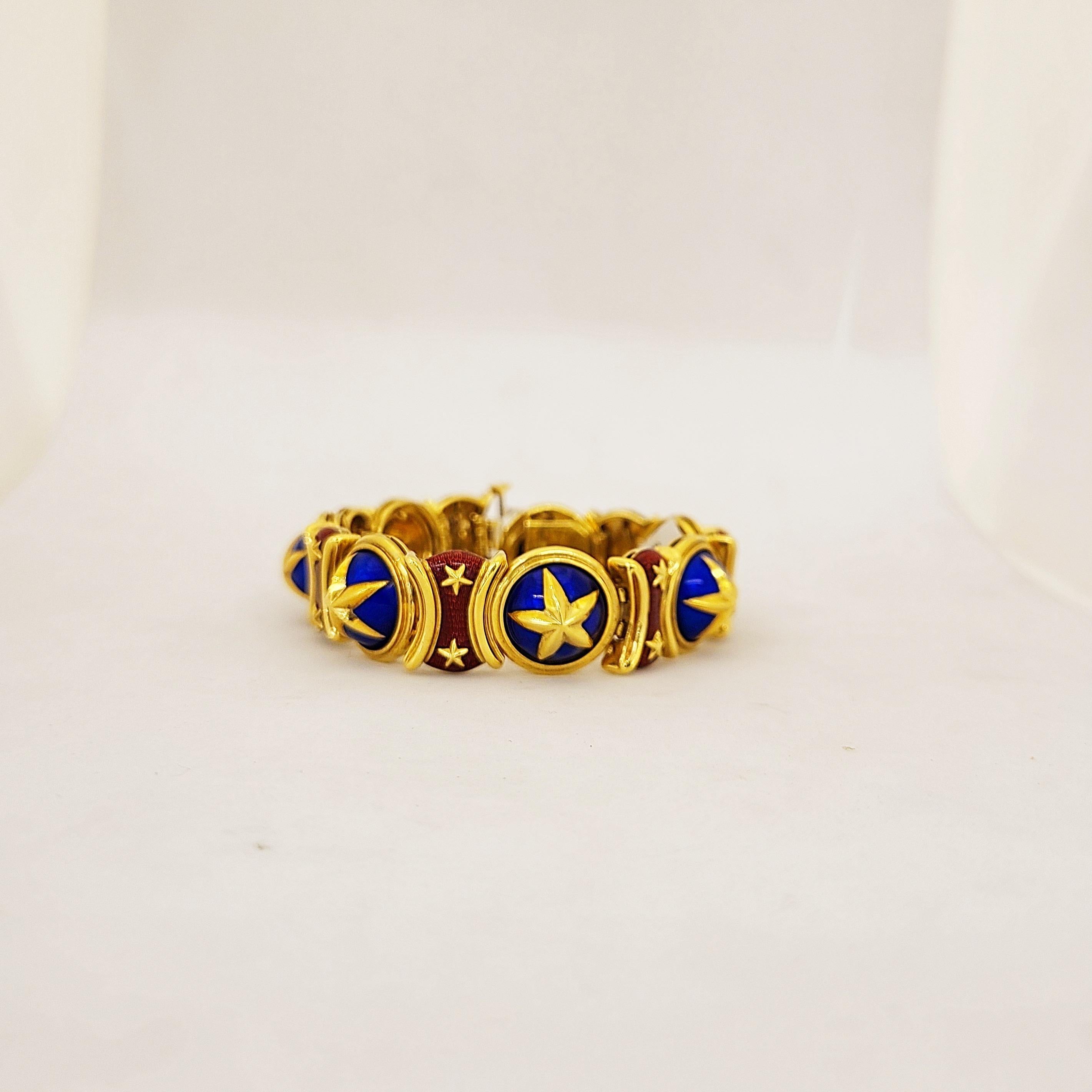 18 Karat Yellow Gold Enamel All American Bracelet with Red and Blue Enamel For Sale 1